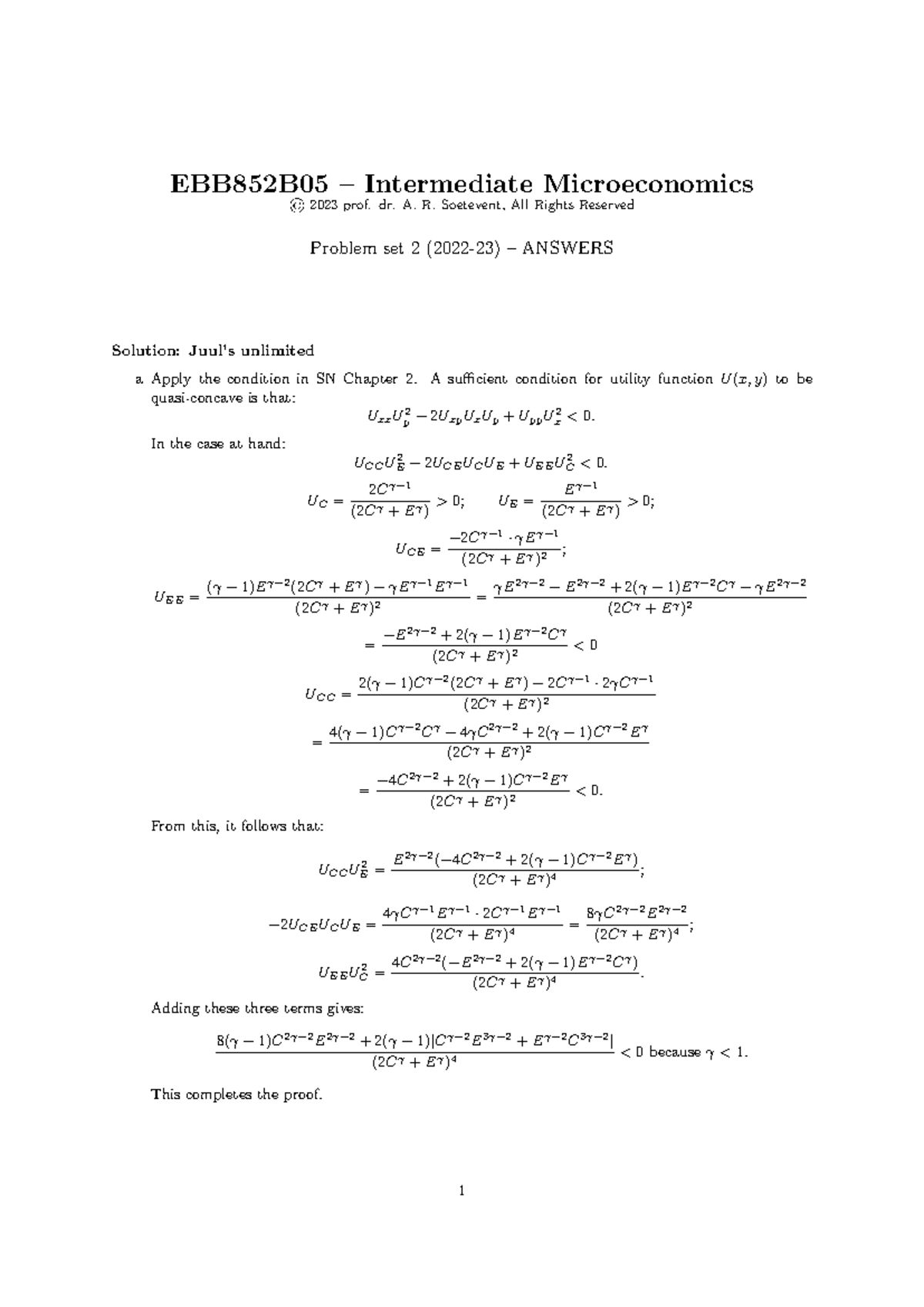 PS2 EBB852B05 Intermediate Microeconomics 22-23 Answers - Studeersnel