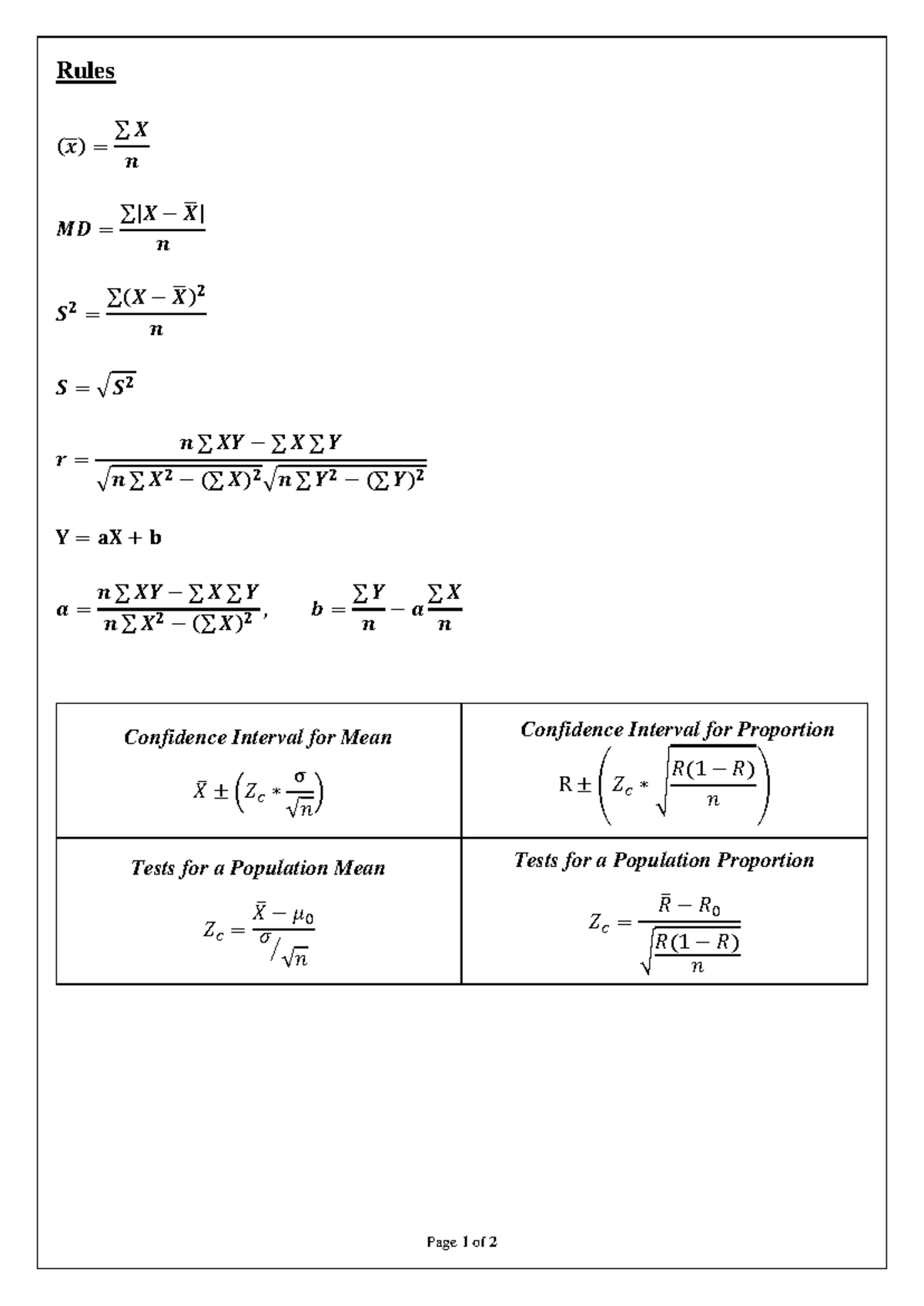 Rules - Statistic - Page 1 of 2 Rules ( 𝒙 ̅ ) = ∑ 𝑿 𝒏 𝑴𝑫 = ∑| 𝑿 − 𝑿 ̅ ...