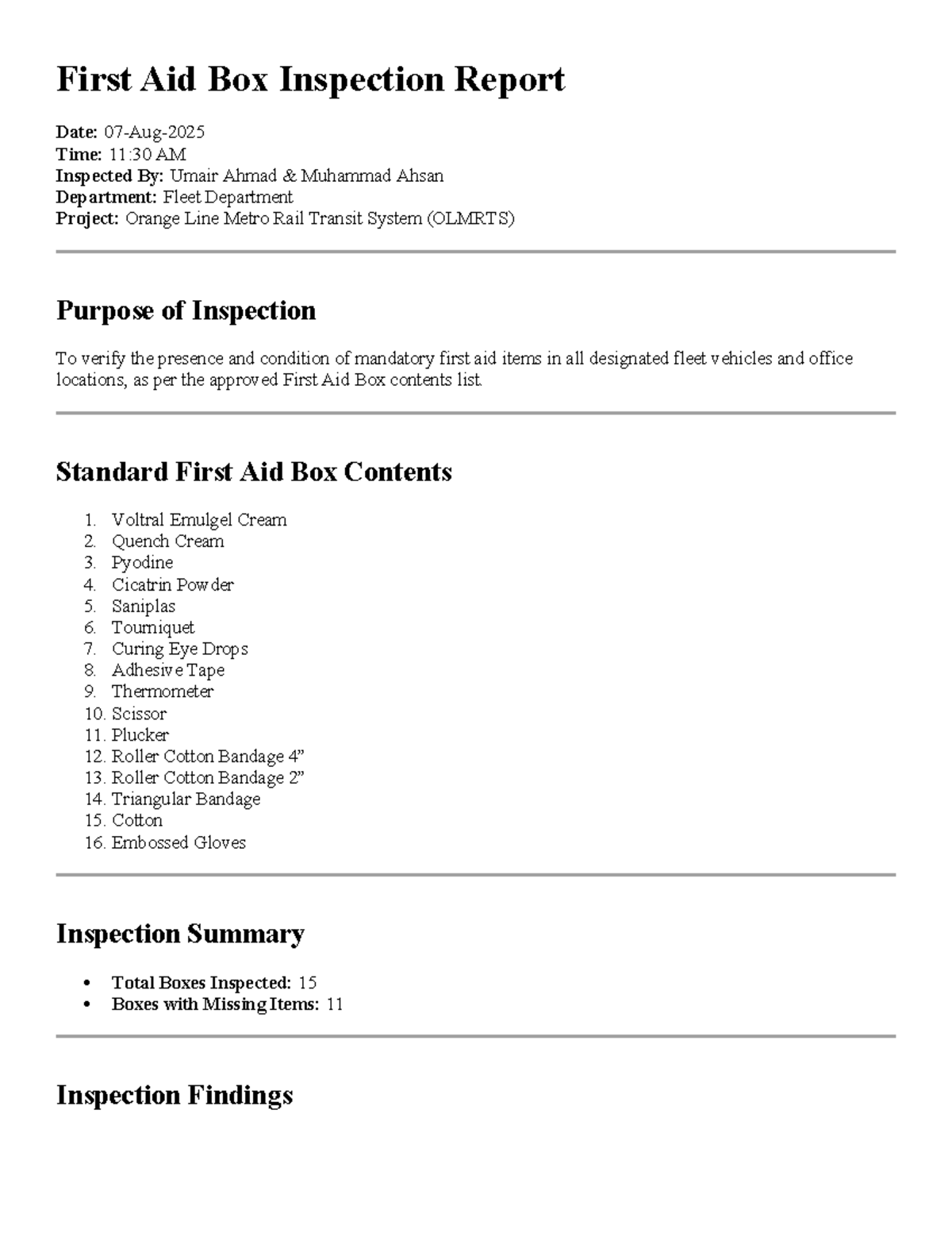 First Aid Box Inspection Report - OLMRTS Project - Studocu