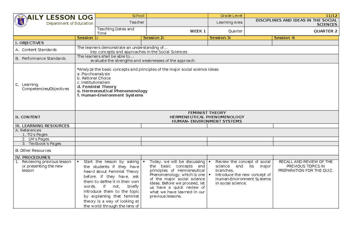DISS Q2 W1 - Daily Lesson Log for Social Science Concepts - Studocu