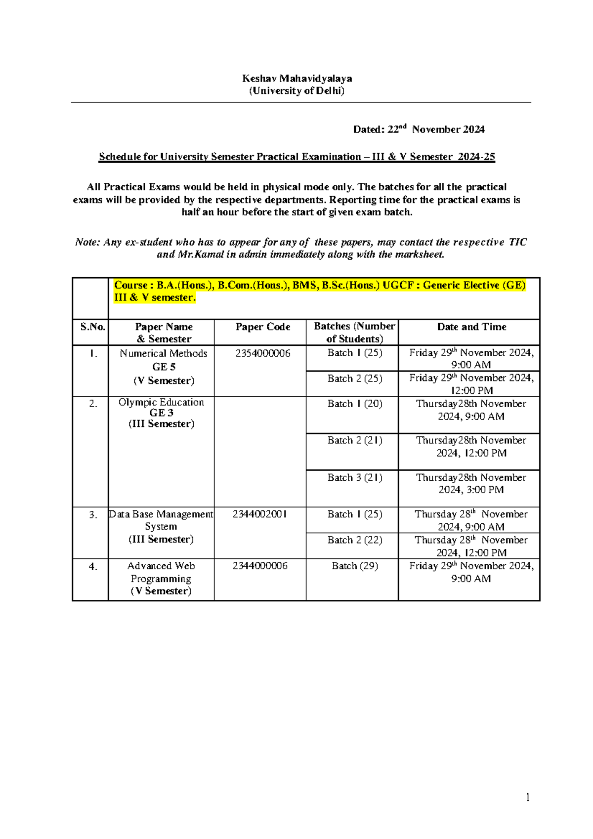 University Semester Practical Exam Schedule NOv-Dec 2024 3 5 Semester ...