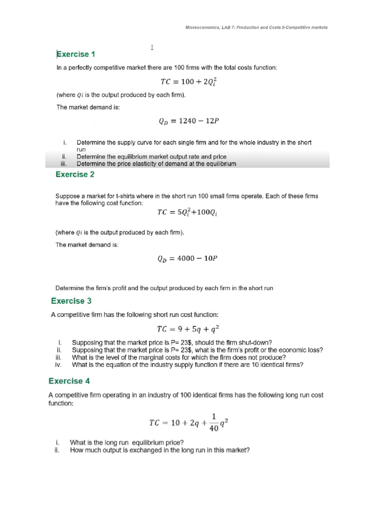 Microeconomics LAB 7: Production and Cost Analysis Exercises - Studocu