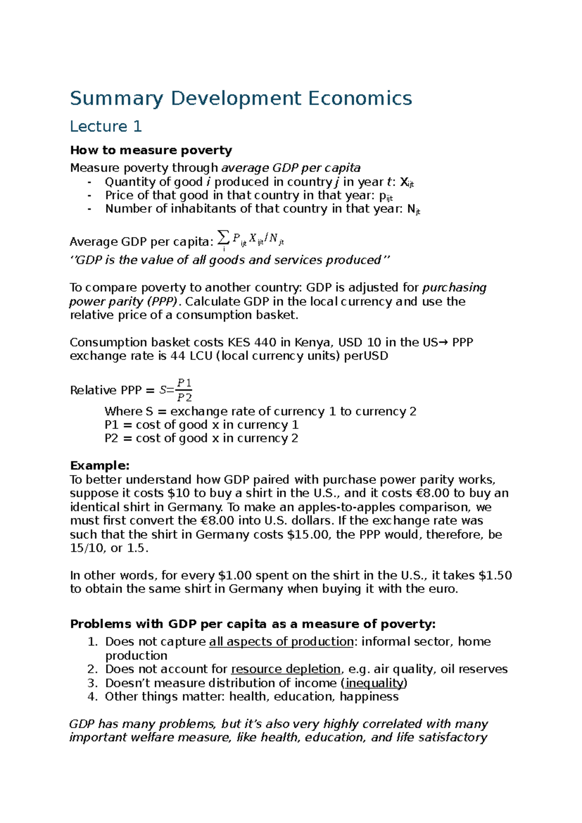 Summary of Development Economics Lectures 1-3: Measuring Poverty and ...