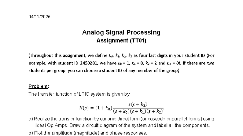 Analog Signal Processing Assignment (TT01) - Transfer Function Analysis ...