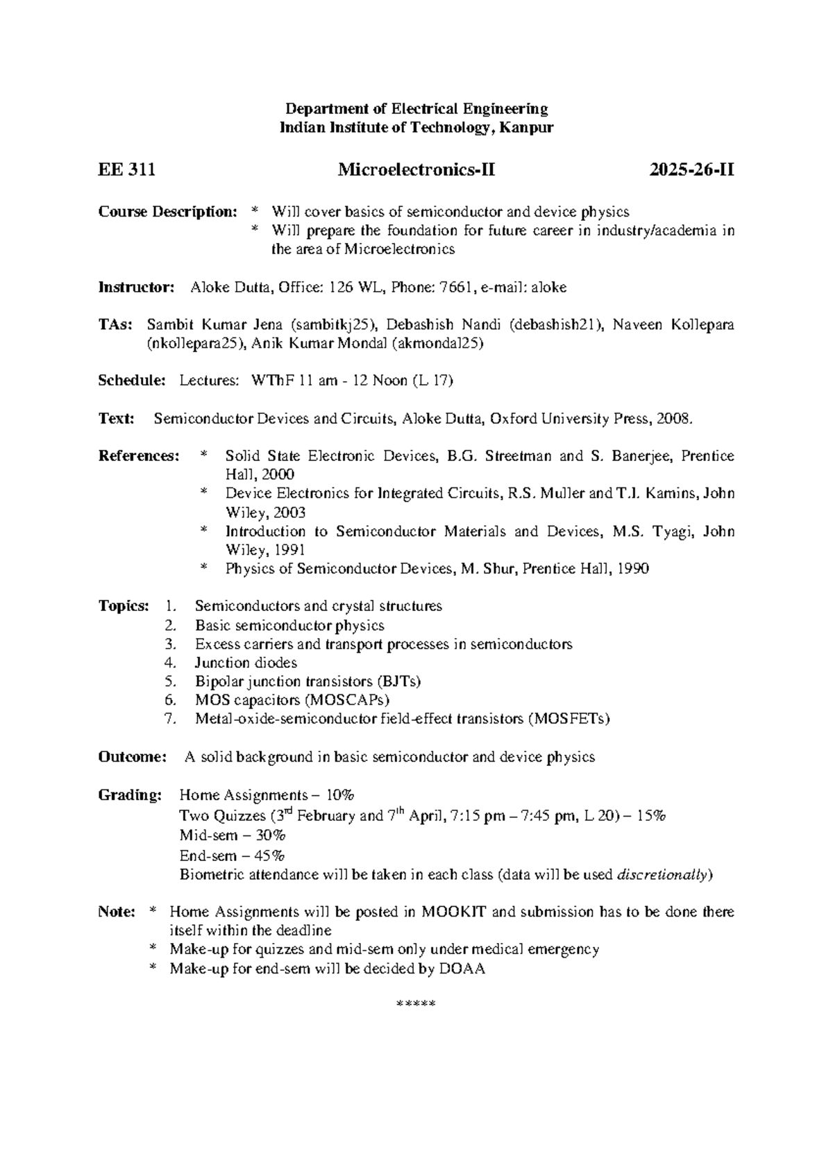 EE 311 - Semiconductor and Device Physics Course Overview - Studocu