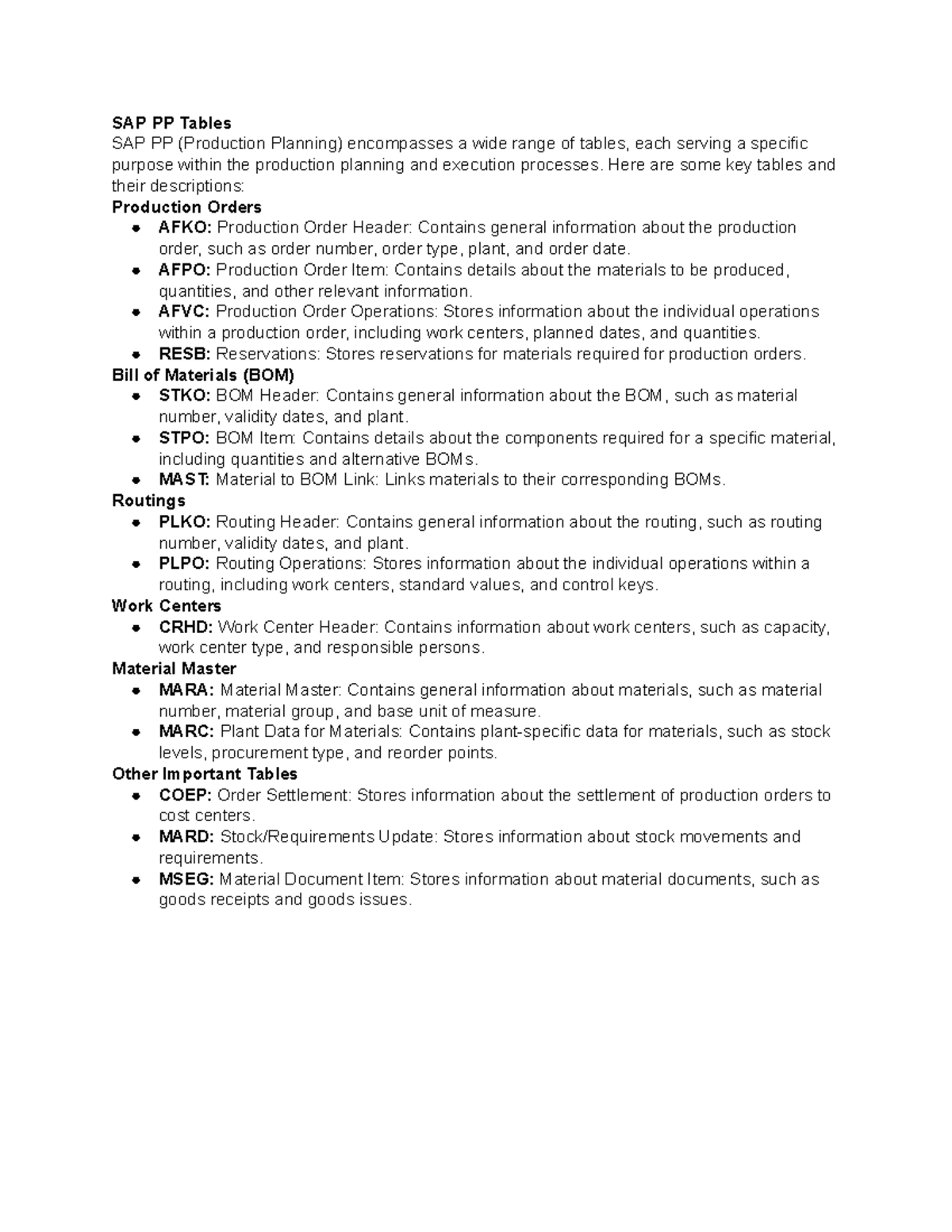 SAP PP Tables: Key Details on Production Planning Structures - Studocu