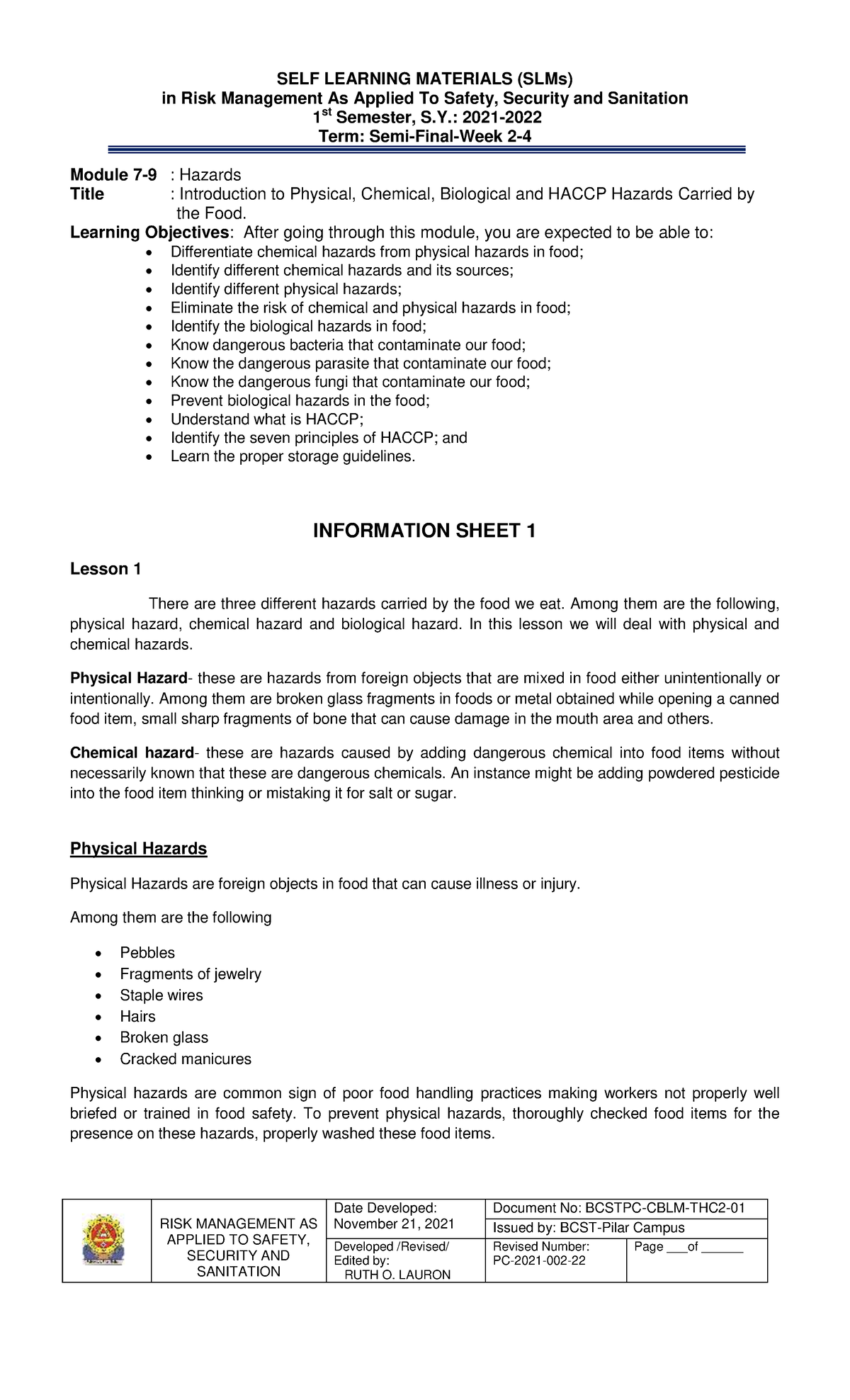 WEEK2-4-RISK - Lecture notes 1 - RISK MANAGEMENT AS APPLIED TO SAFETY ...