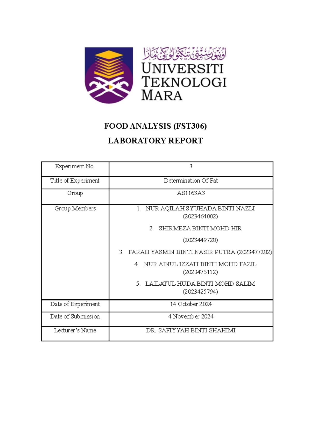 FST 306 LAB REPORT FAT - FOOD ANALYSIS (FST306) LABORATORY REPORT ...