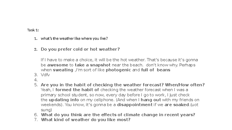 Task 1: Weather Preferences and Climate Change Insights - Studocu