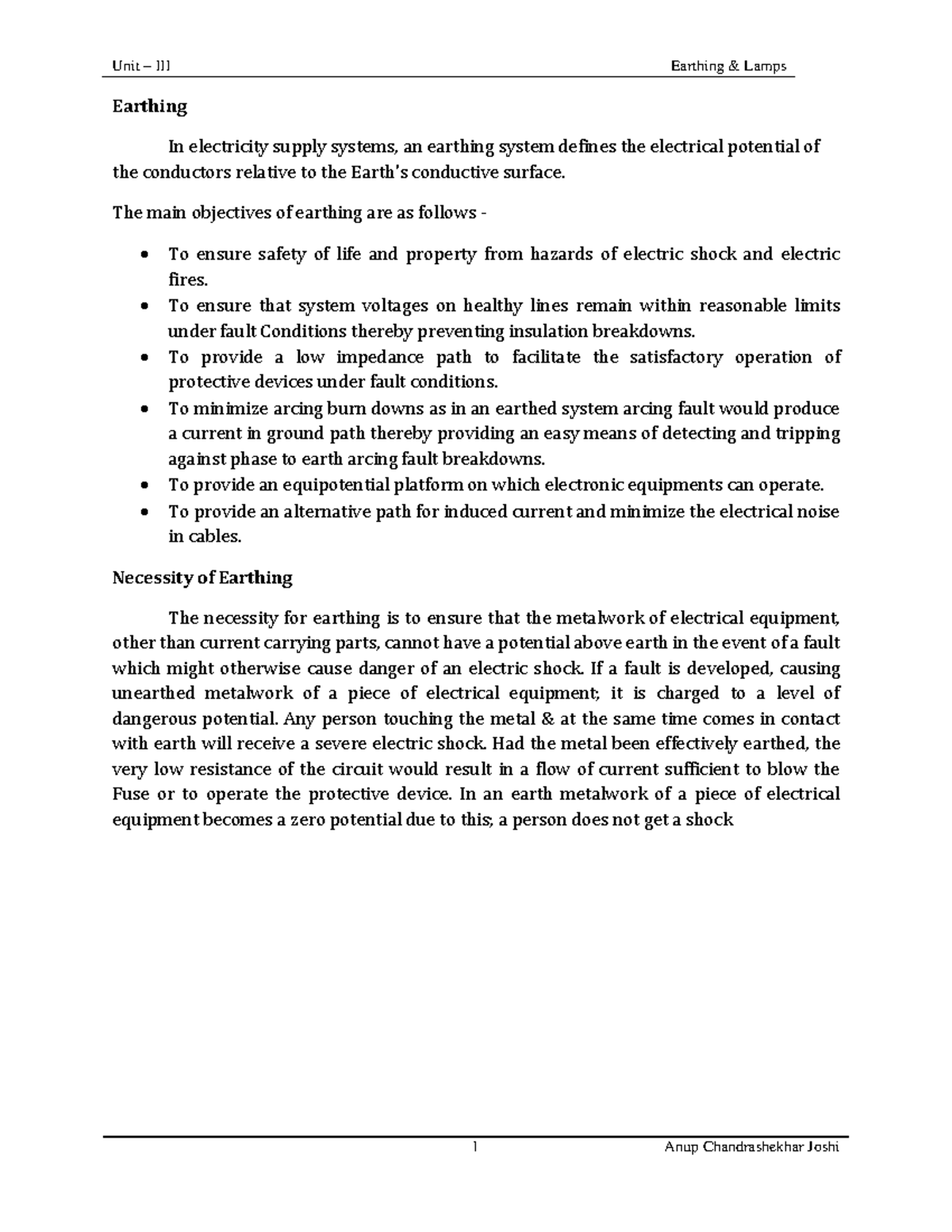 Unit - III Earthing - Earthing In electricity supply systems, an ...
