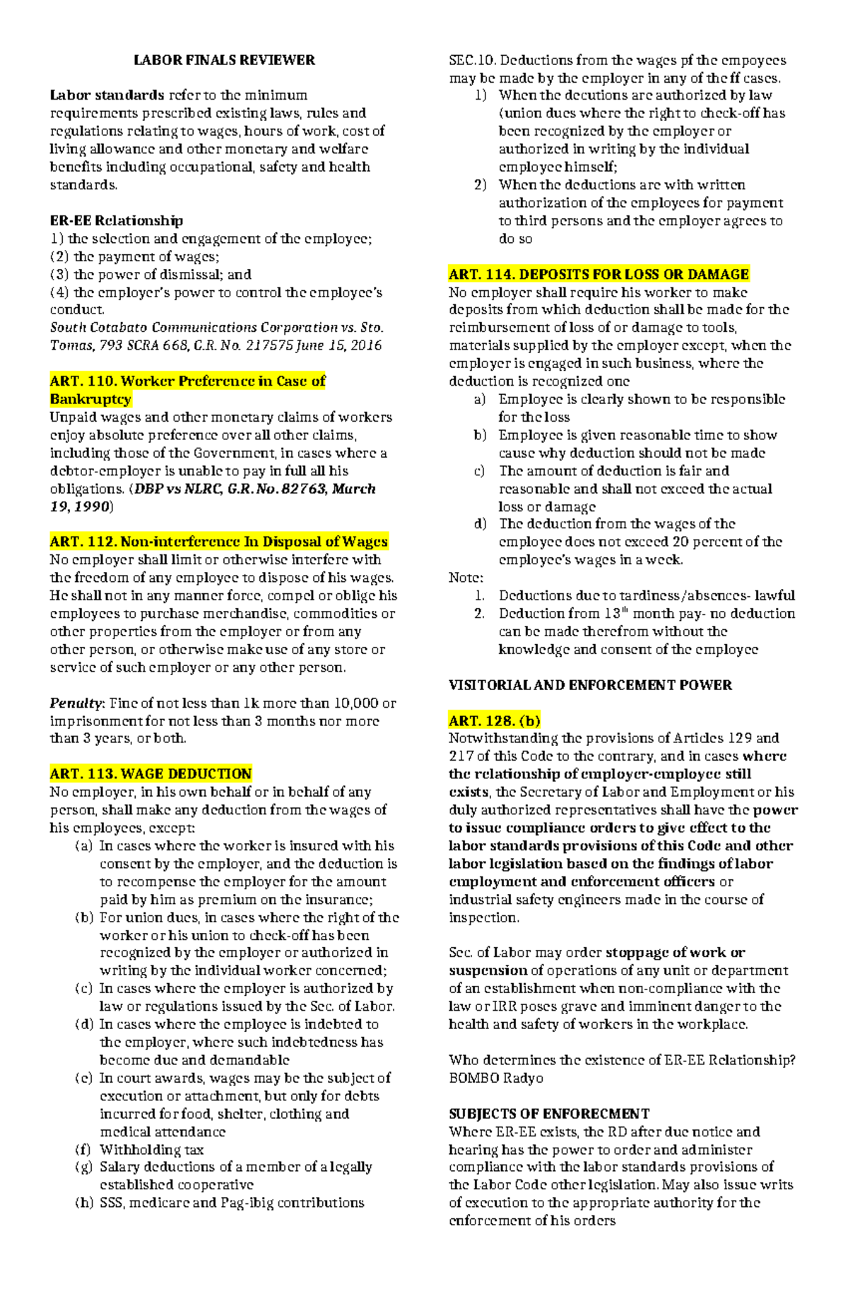 LABOR 101: FINALS REVIEWER ON LABOR STANDARDS AND WAGES - Studocu