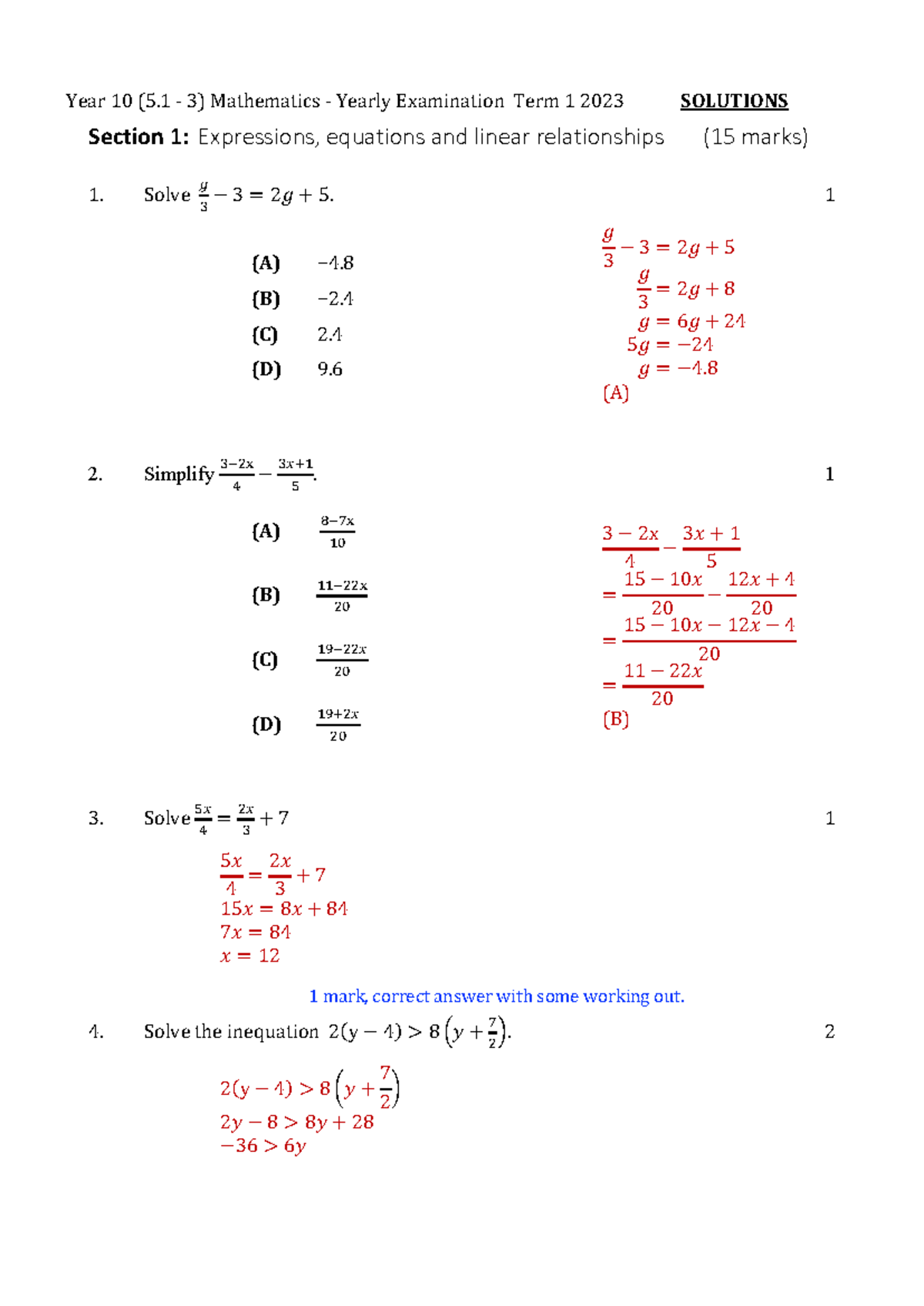10 SN 5.1 3 T3 2023 Year 10 Mathematics Yearly Exam Solutions - Studocu