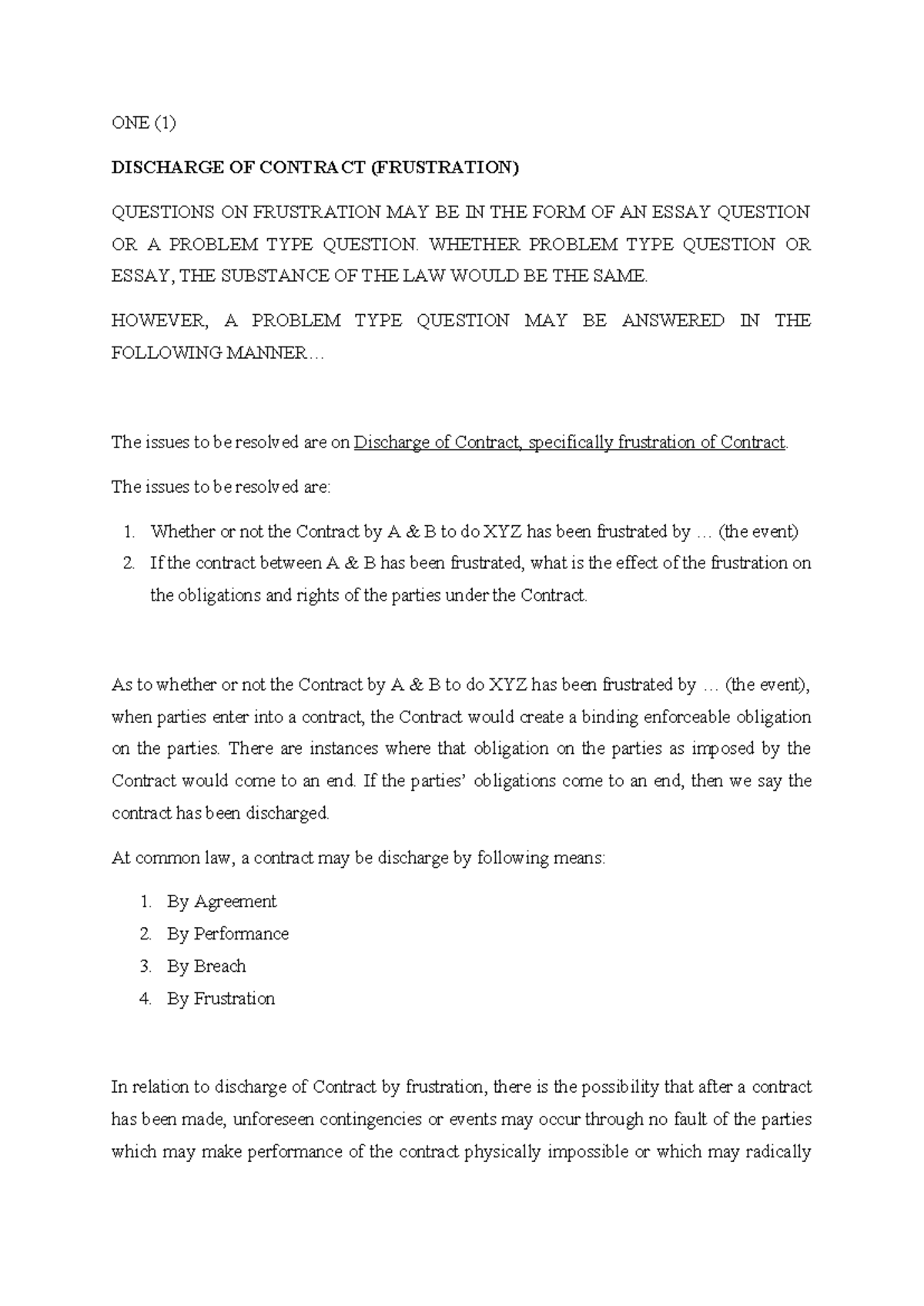 Law of Contract 1 - Discharge by Frustration and Vitiating Factors ...