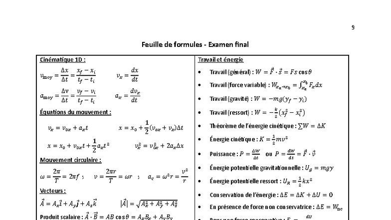 Formules Examen Final Cinéma 1D : Travail et Énergie - Studocu