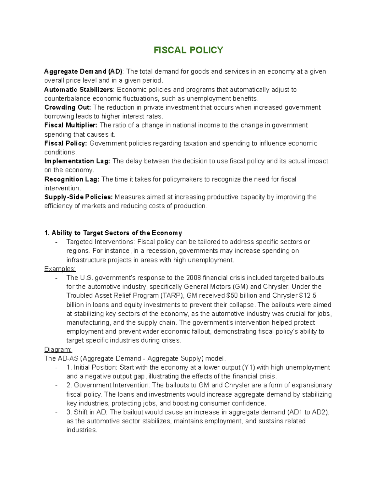 Econ 101 - Final Exam Notes on Fiscal & Monetary Policy Concepts - Studocu