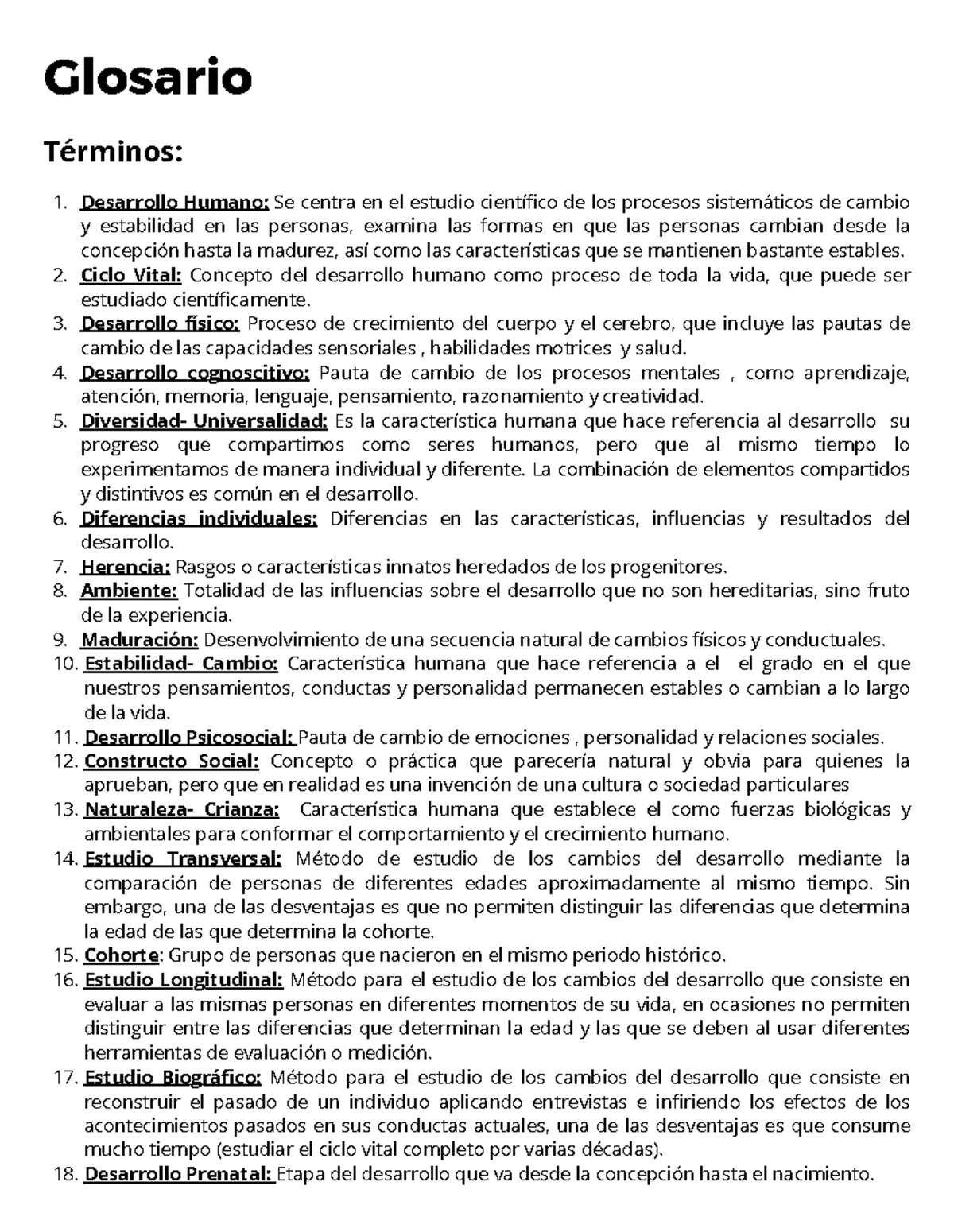 Glosario de Términos en Desarrollo Humano: Conceptos Clave - Studocu