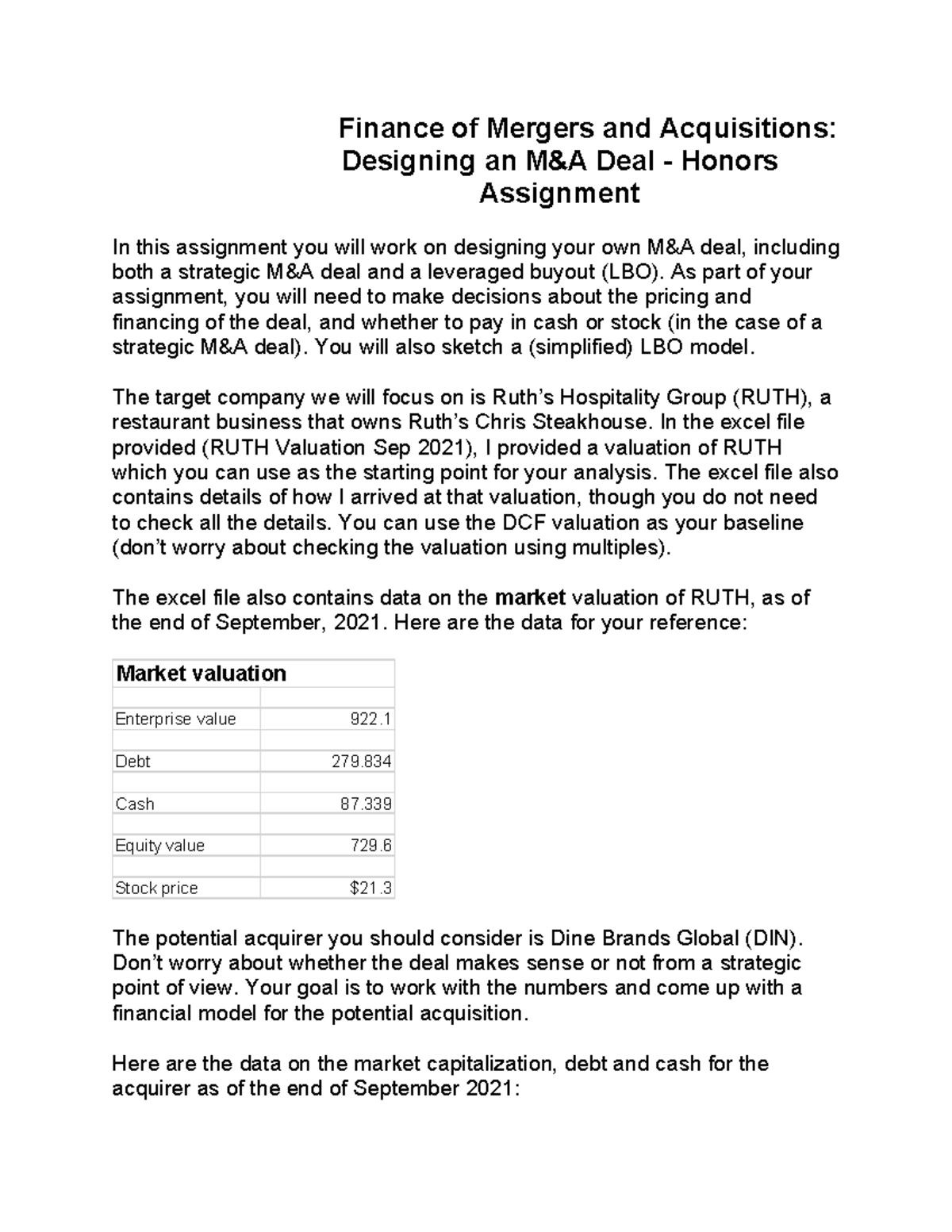 Finance of M&A (FIN 401): Designing a Deal Honors Assignment - Studocu