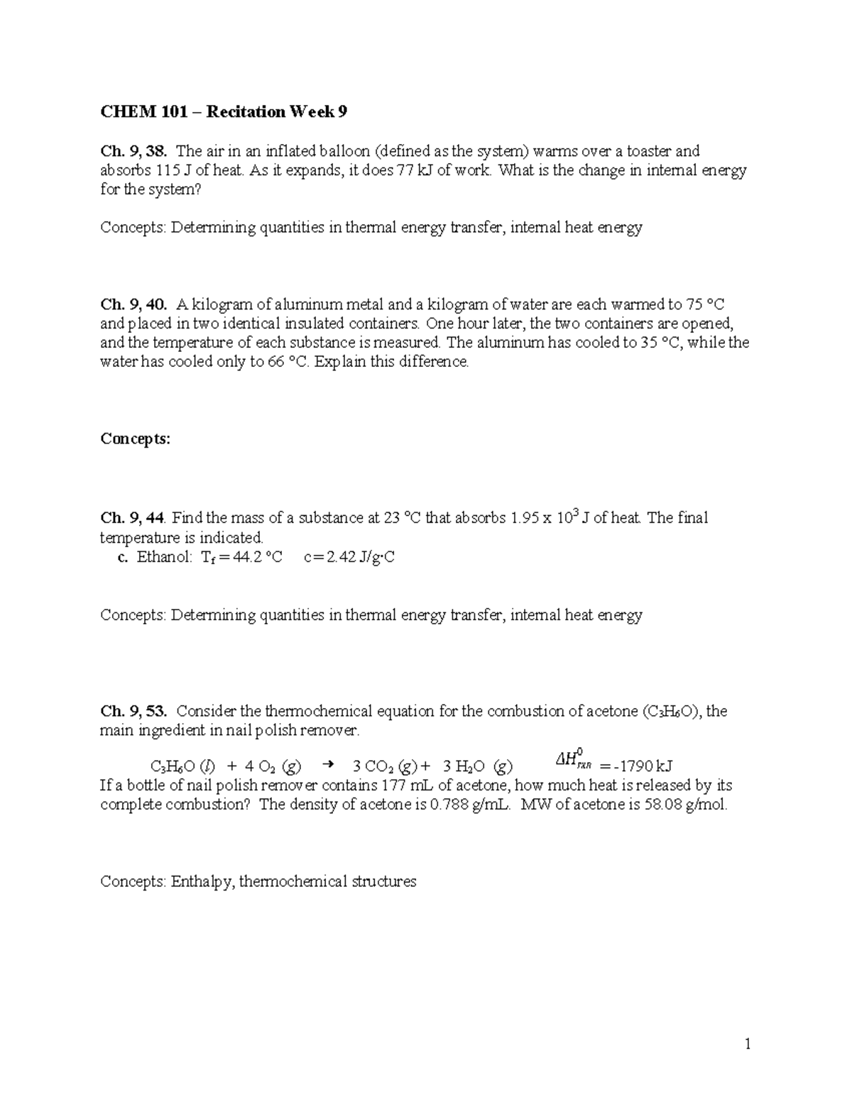 CHEM 101 Recitation Week 9: Thermal Energy Transfer Concepts - Studocu