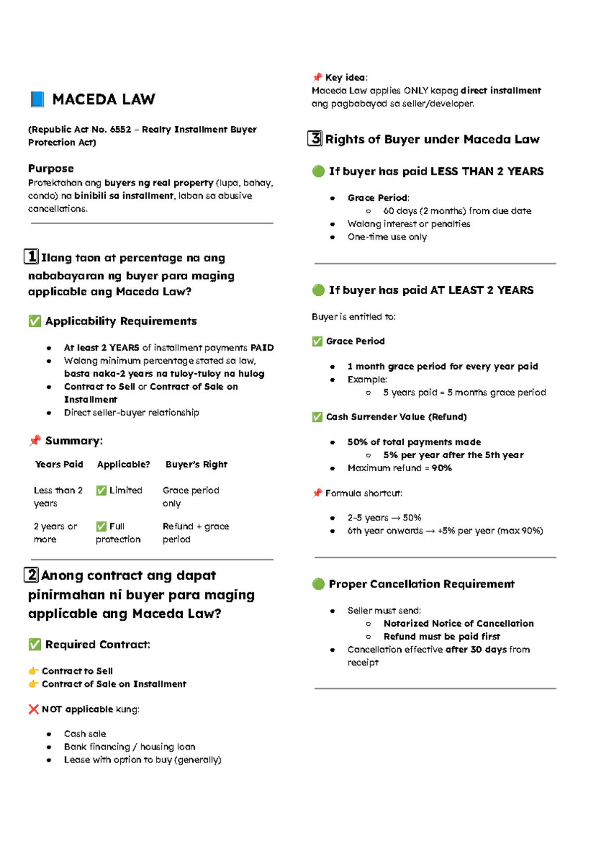 Maceda Law Overview: Buyer Rights & Protections (RA 6552) - Studocu