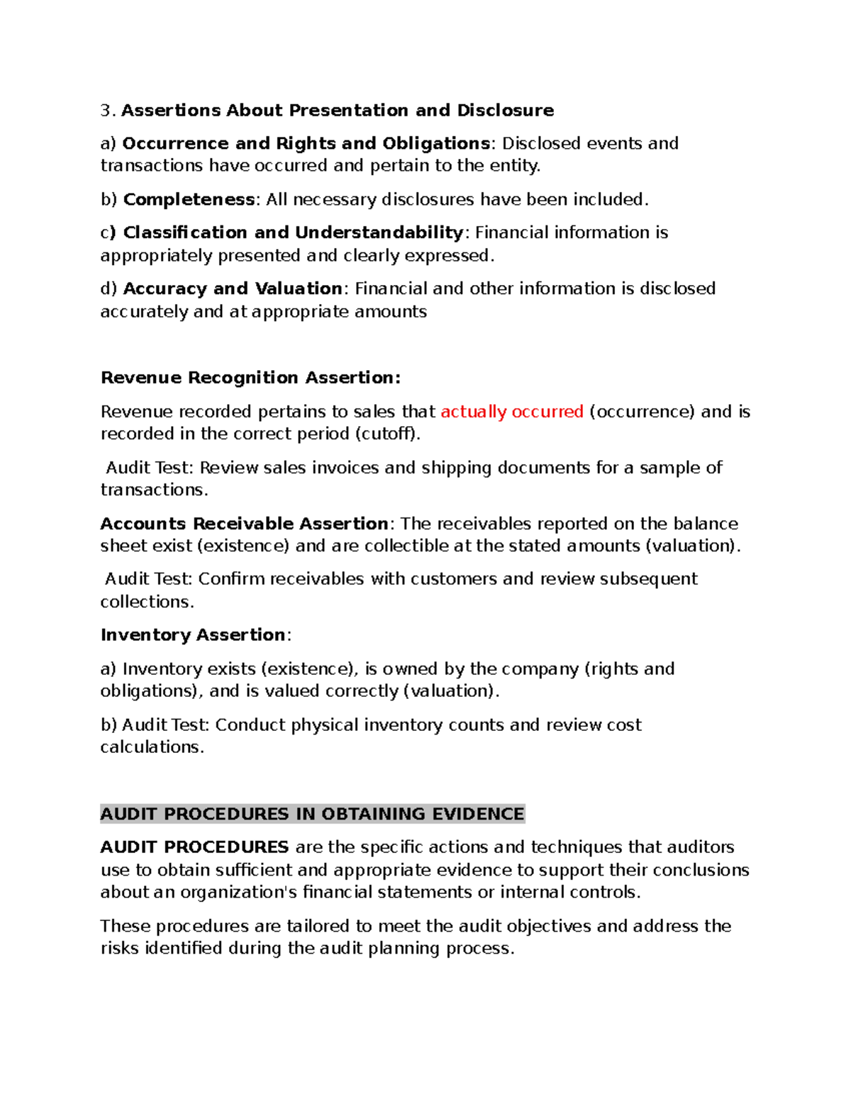 AUD - Audit Notes on Assertions and Procedures - Studocu