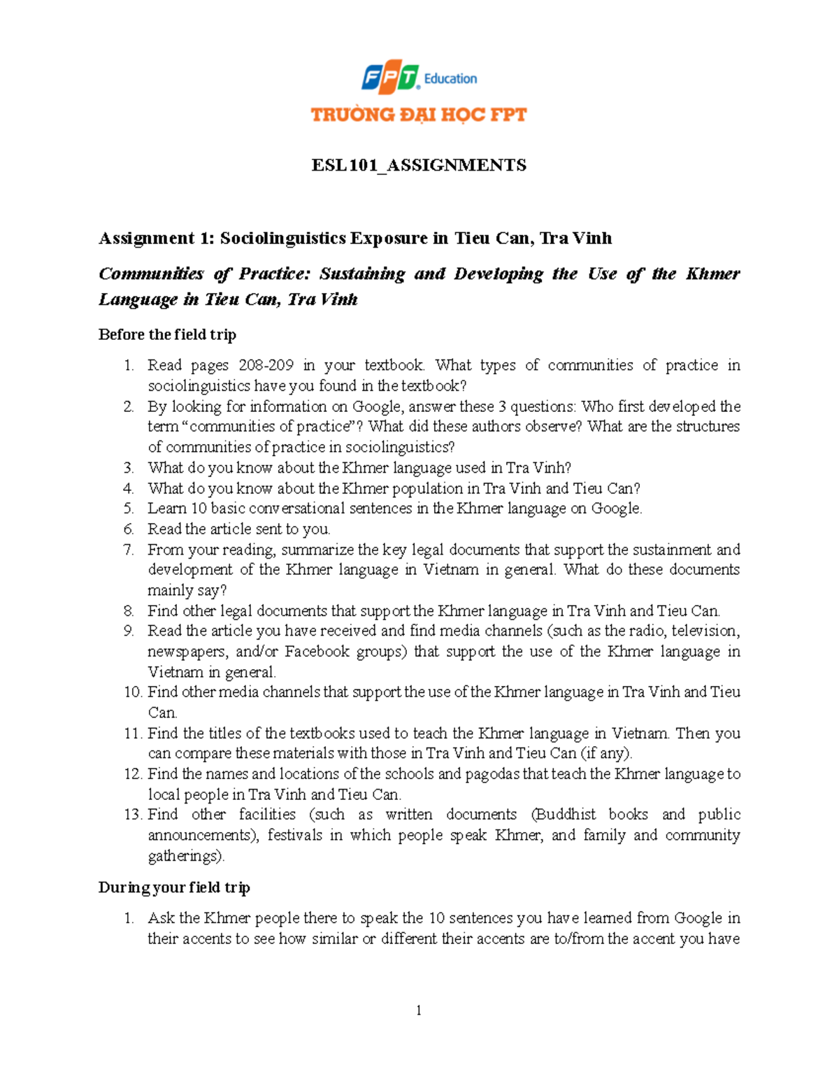 ESL101 Assignments - ESL - ESL101_ASSIGNMENTS Assignment 1 ...