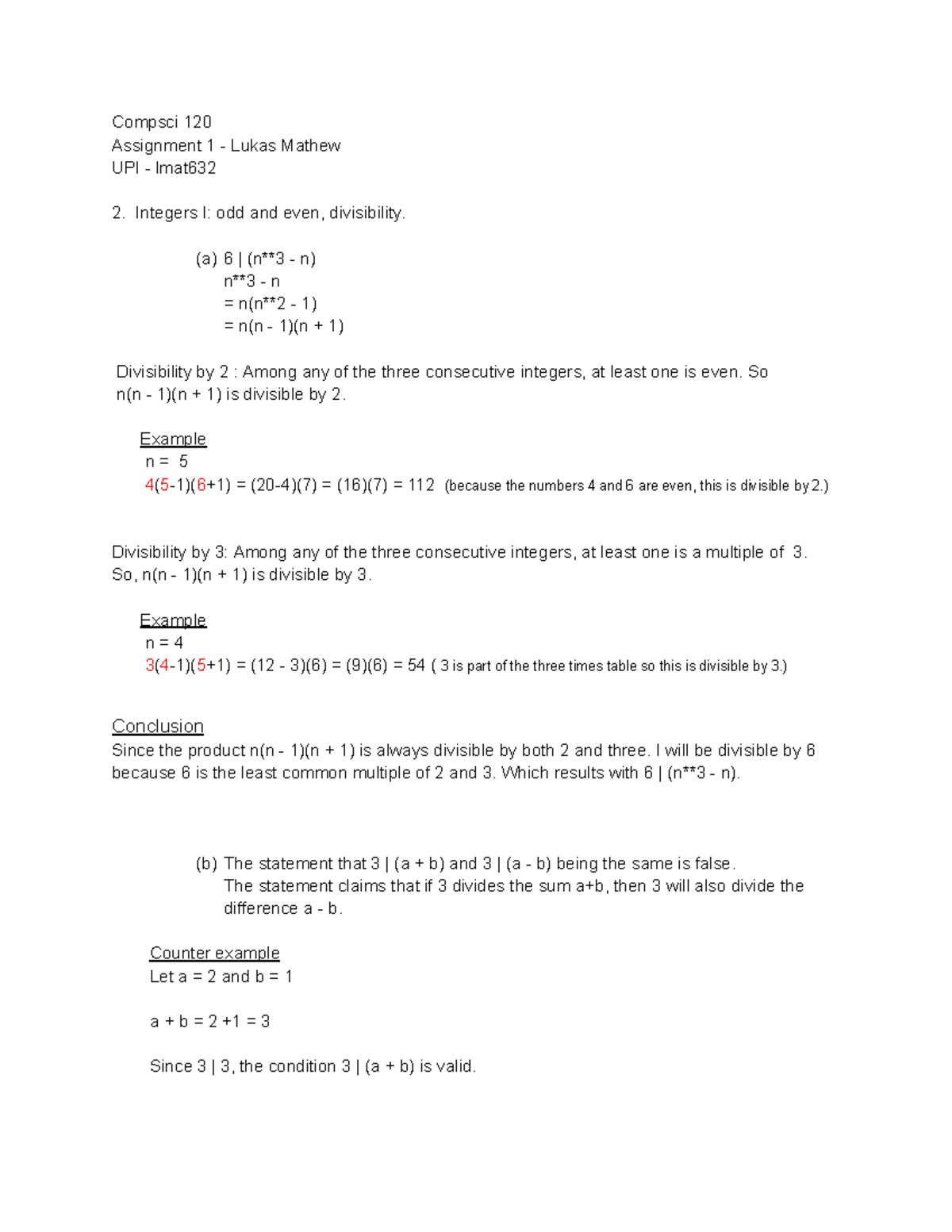 Compsci 120 - Assignment 1 - (a) 6 | (n3 - n) n3 - n = n(n**2 - 1) = n ...