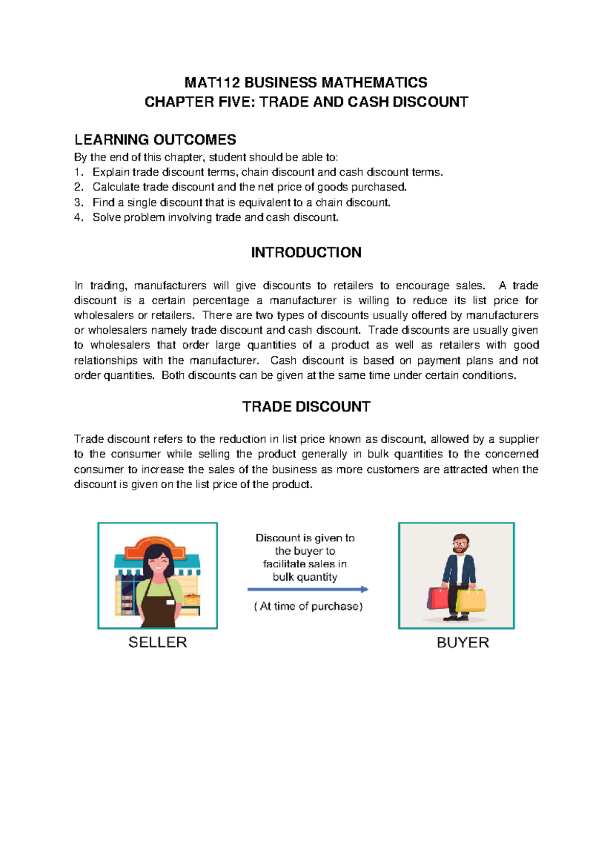 MAT112 BUSINESS MATHEMATICS CHAPTER 5: TRADE & CASH DISCOUNTS NOTES ...