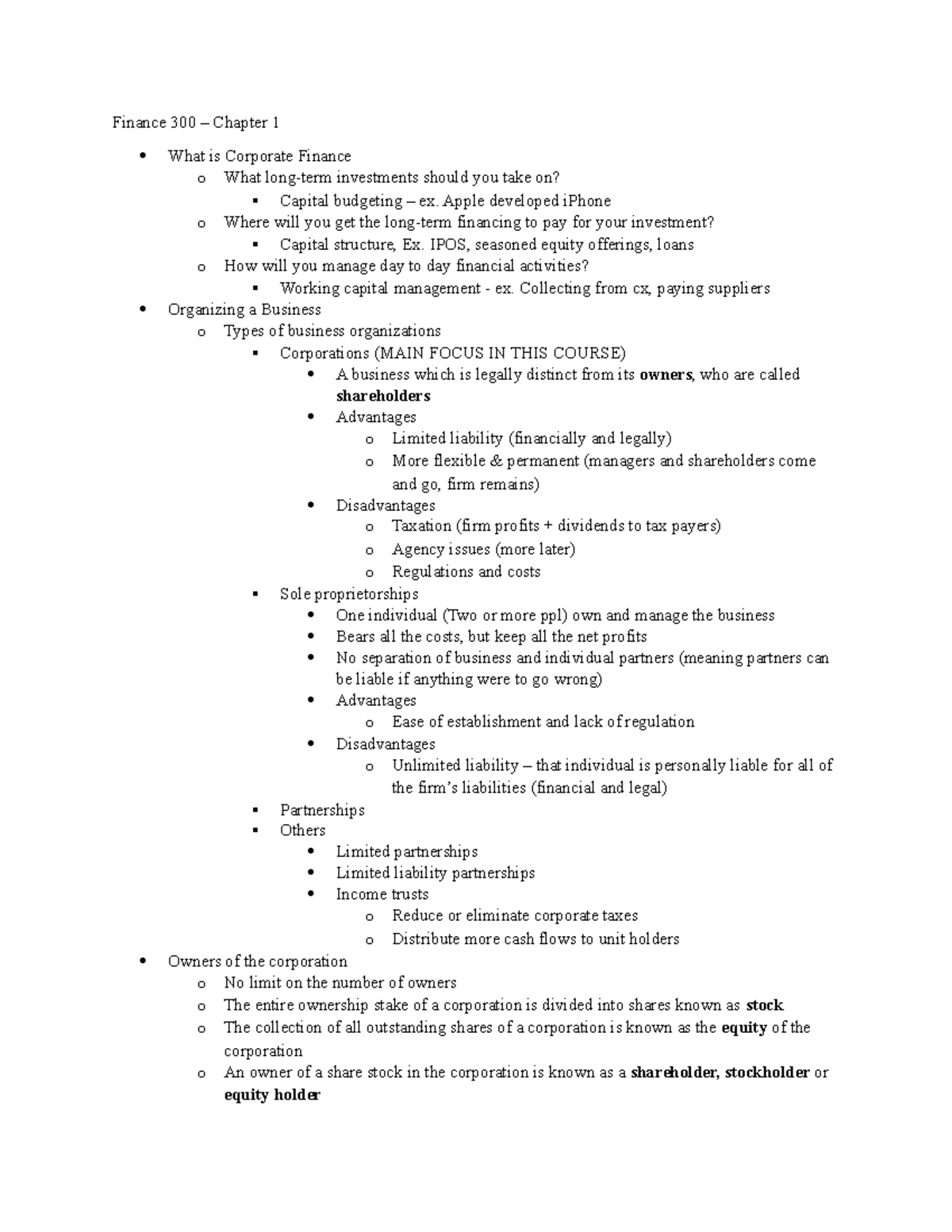 FIN 300 - Lecture Notes - Finance 300 – Chapter 1 What is Corporate ...