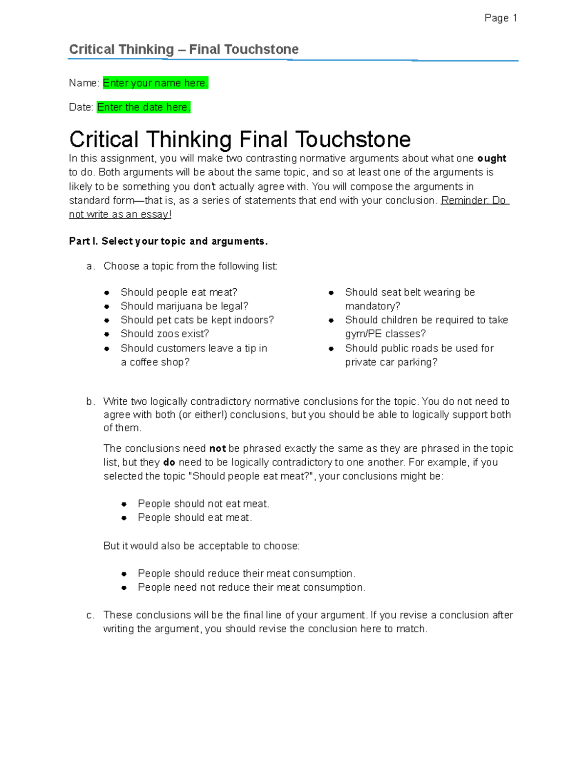 Critical Thinking CT4: Final Touchstone Argument Template - Studocu