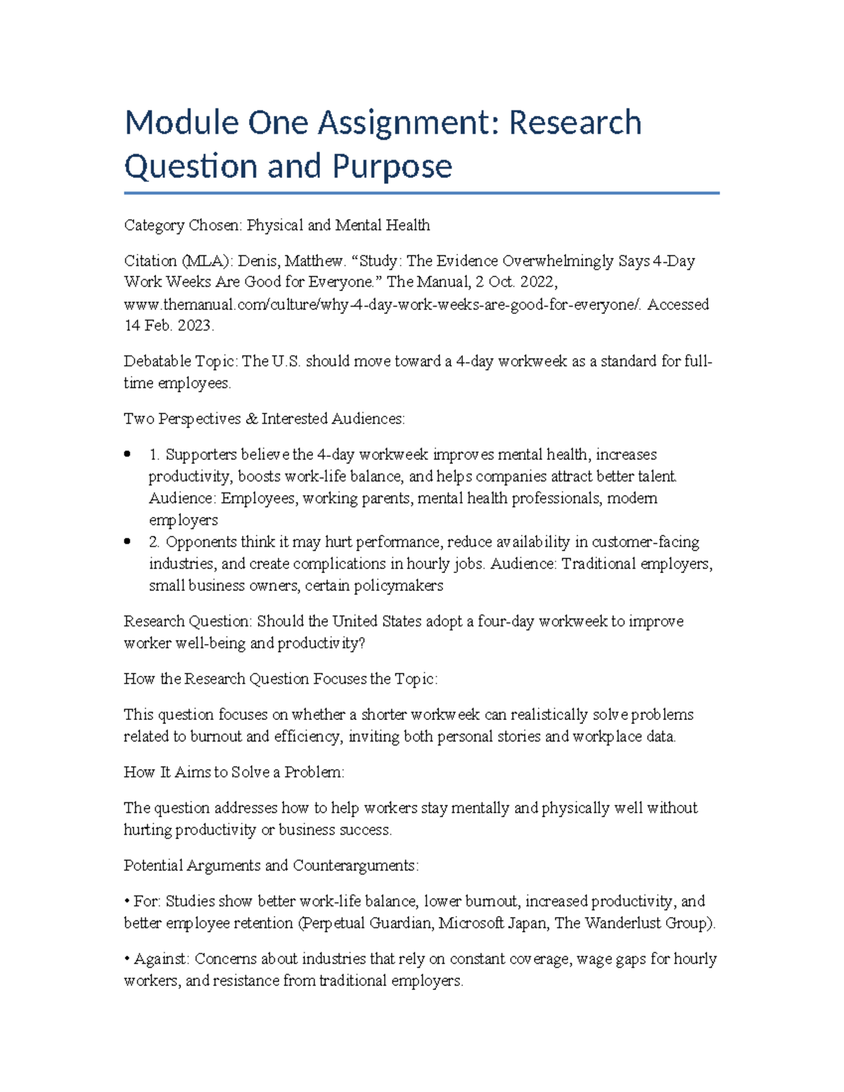 ENG 190 Module One Assignment: Researching Workweek Benefits and ...