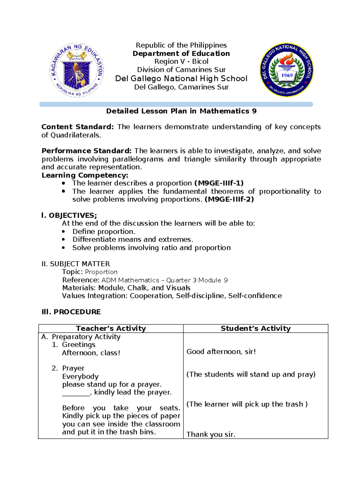 Detailed Lesson Plan in Math 9: Understanding Proportion Concepts - Studocu