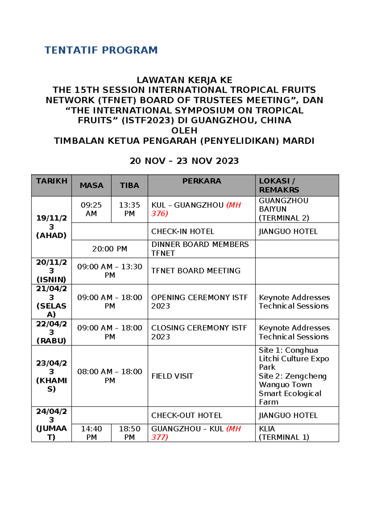 Tentatif Program TFNET 2023: International Symposium & Board Meeting ...