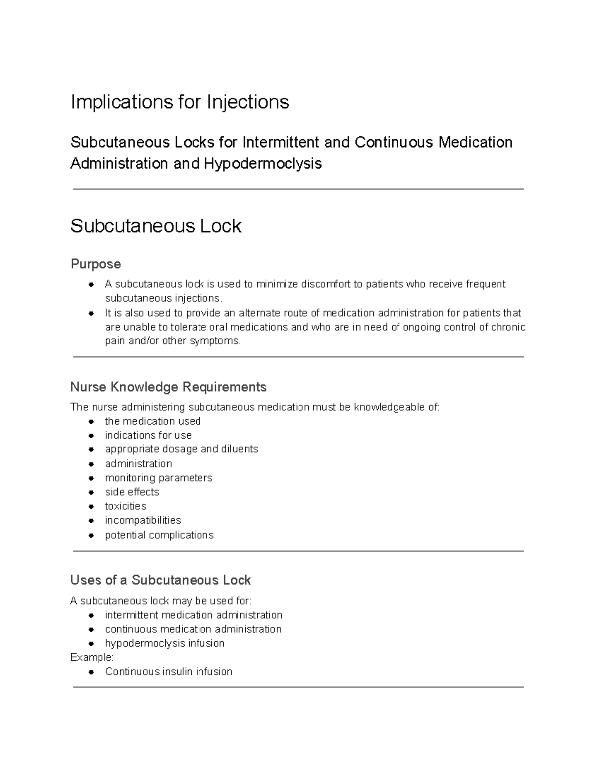 Subcutaneous Lock Use in Medication Admin: Implications & Care - Studocu