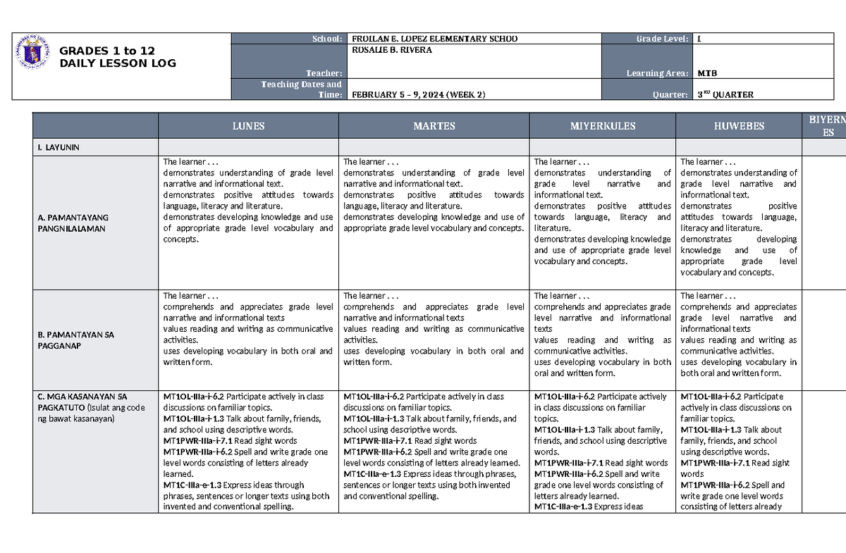 DLL MTB 1 Q3 W2 - lecture notes - GRADES 1 to 12 DAILY LESSON LOG ...