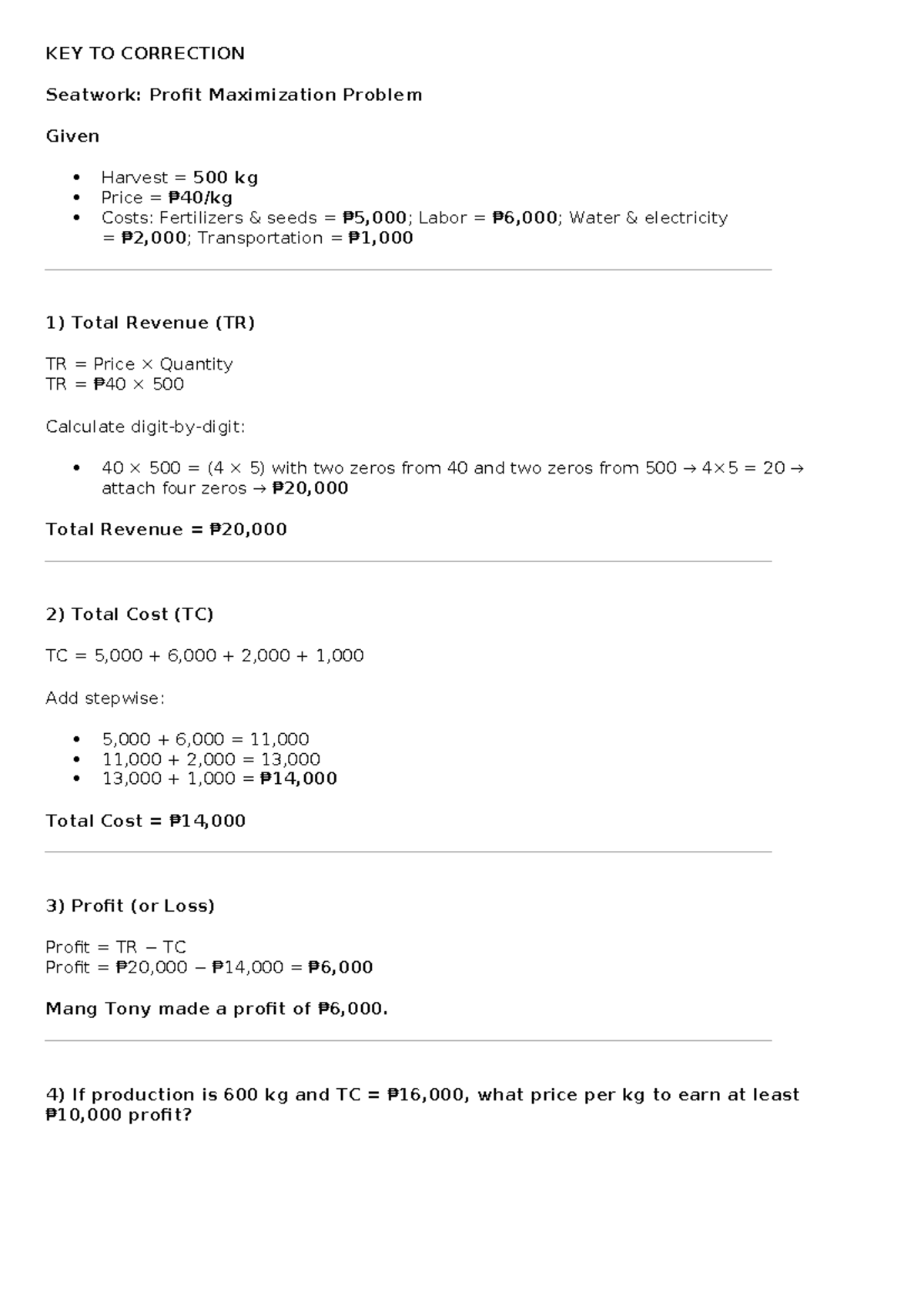 KEY TO CORRECTION: Profit Maximization & Production Function Analysis ...