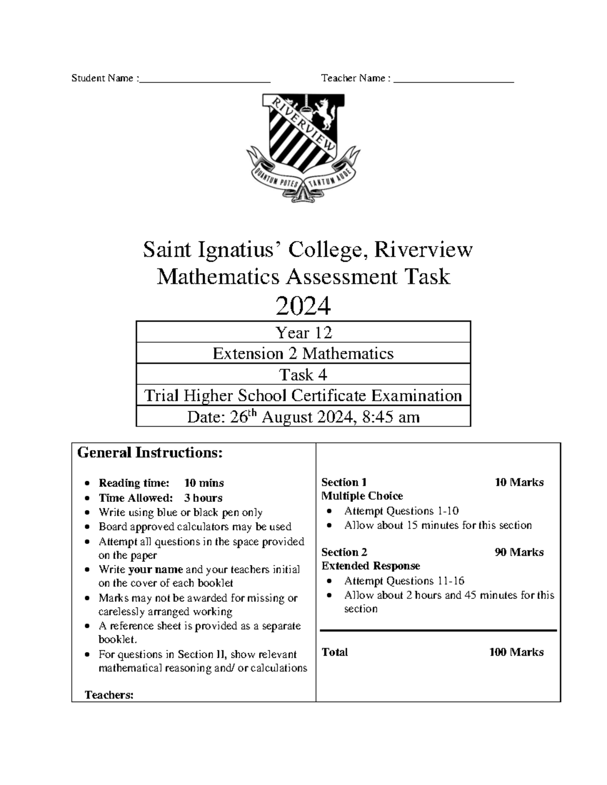 2024 Year 12 Extension 2 Mathematics Trial Exam Solutions - Studocu