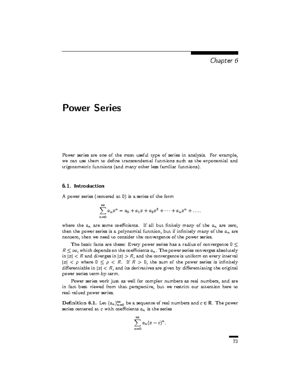 Chapter 6: Power Series in Introductory Analysis (Final Exam Notes ...