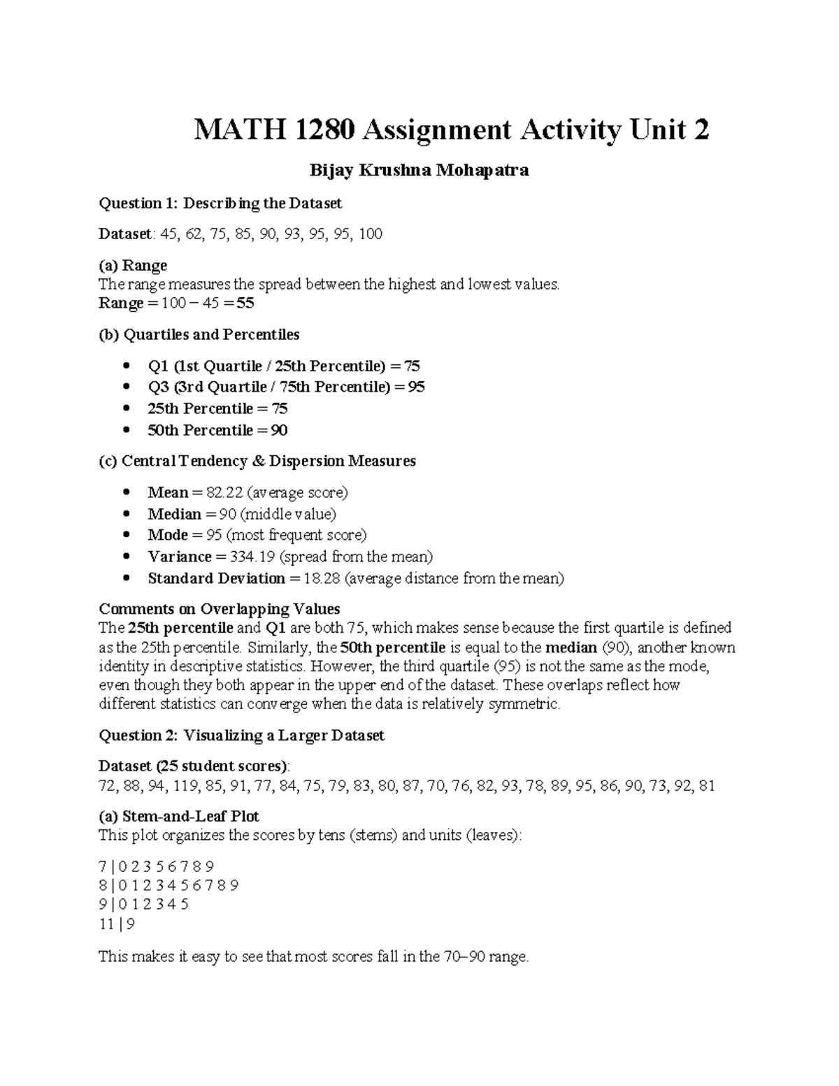 MATH 1280 Assignment Activity Unit 2: Analyzing Datasets and Statistics ...