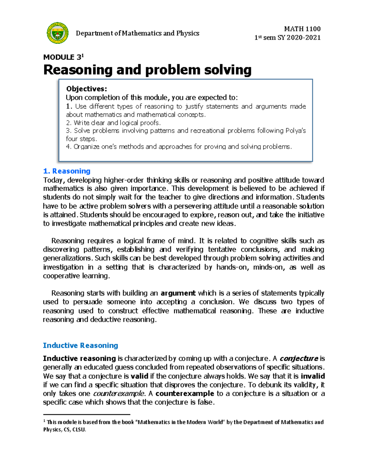 Math 1100 Module 3a: Reasoning & Problem Solving in Mathematics - Studocu
