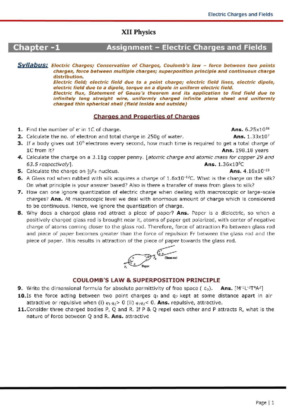 CH-1 XII PHY Electric Charges and Fields Assignment Notes - Studocu