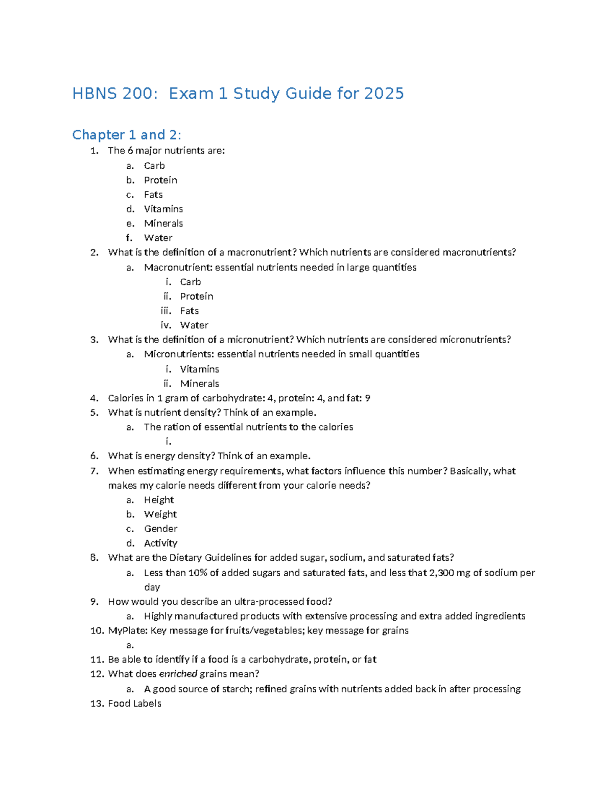 Study Guide exam 1 S25 - HBNS 200: Exam 1 Study Guide for 2025 Chapter ...