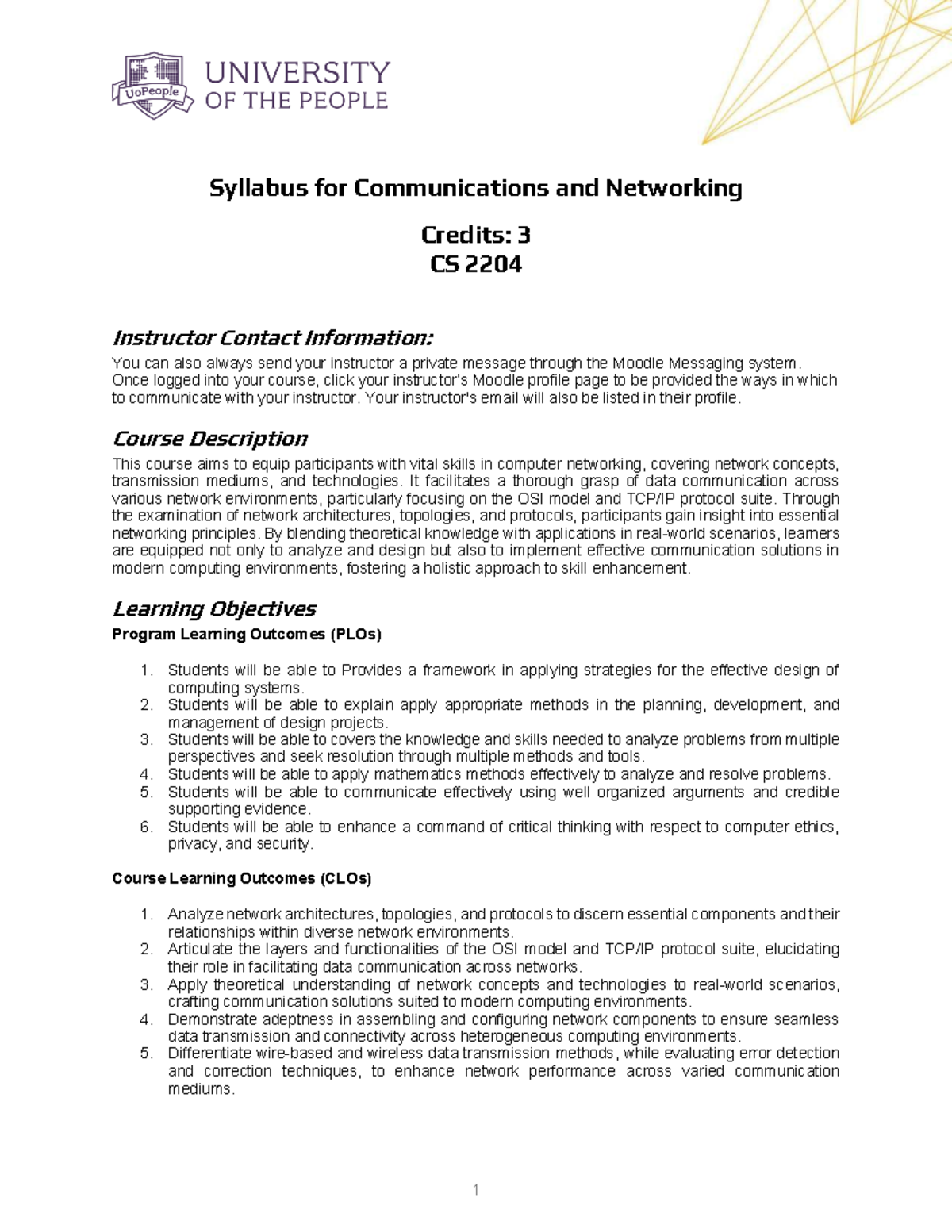 CS 2204 Syllabus: Communications and Networking Course Overview - Studocu