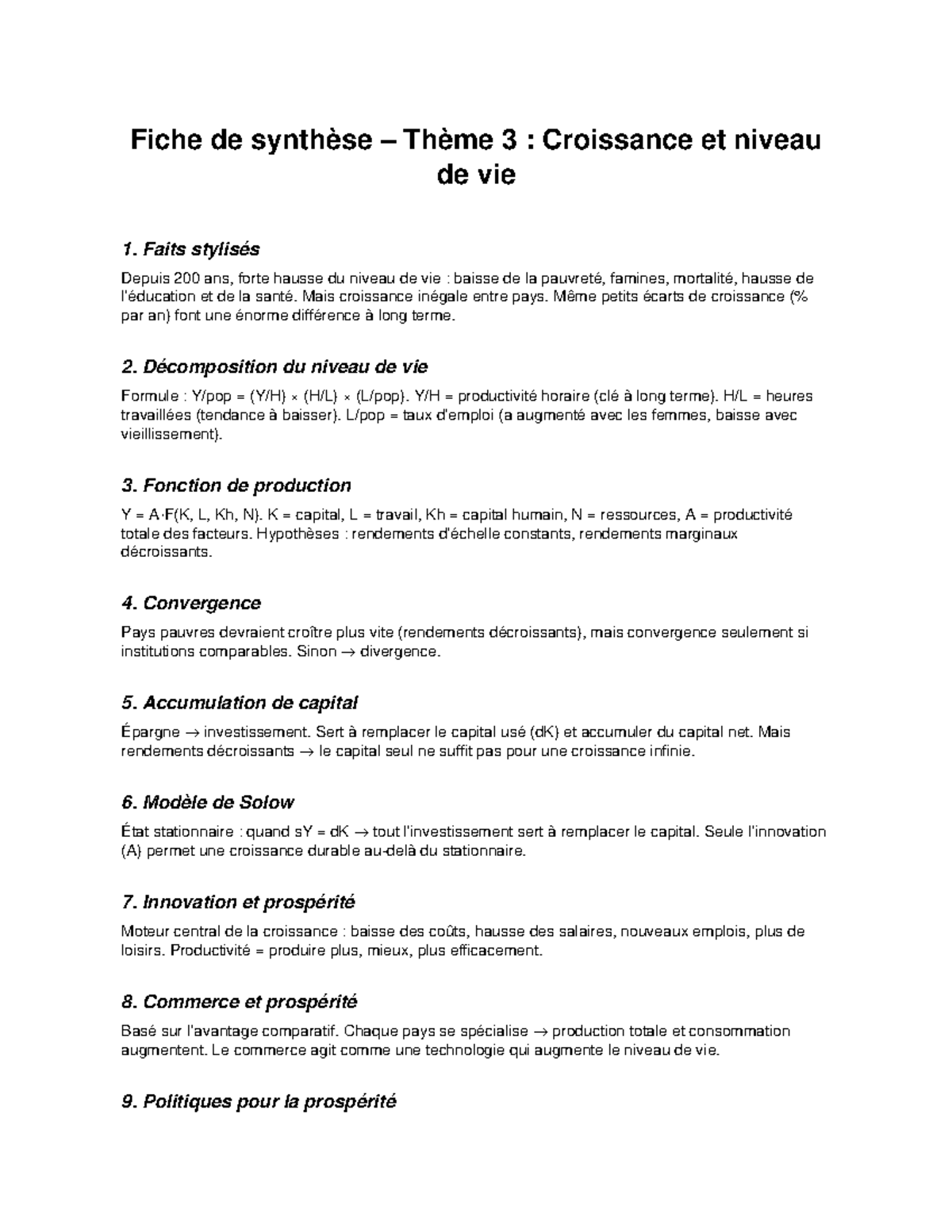 Fiche de synthèse Thème 3 : Croissance et Niveau de Vie - Studocu
