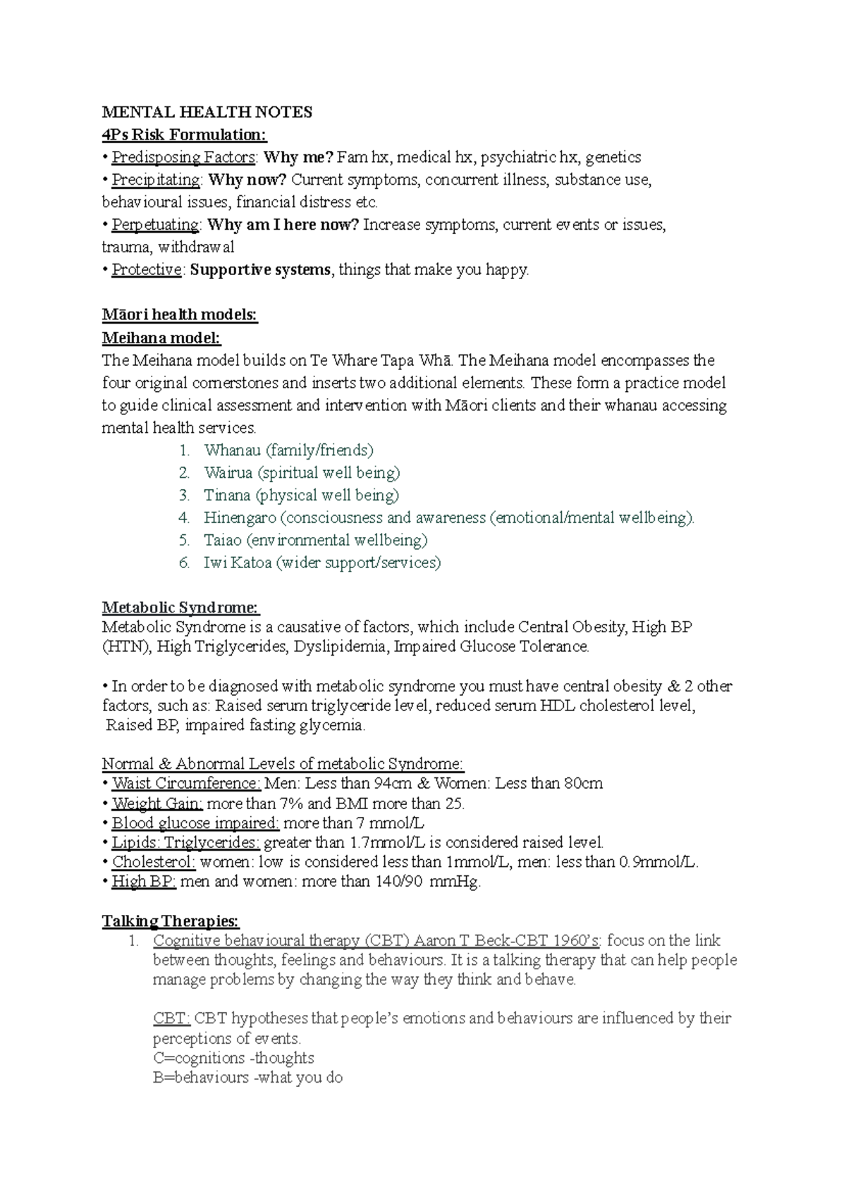 Mental Health EXAM Notes (1): 4Ps Risk Formulation & Therapies - Studocu