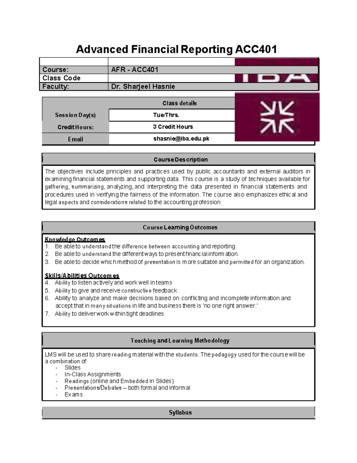 Advanced Financial Reporting ACC401 Course Outline - Spring 2026 - Studocu