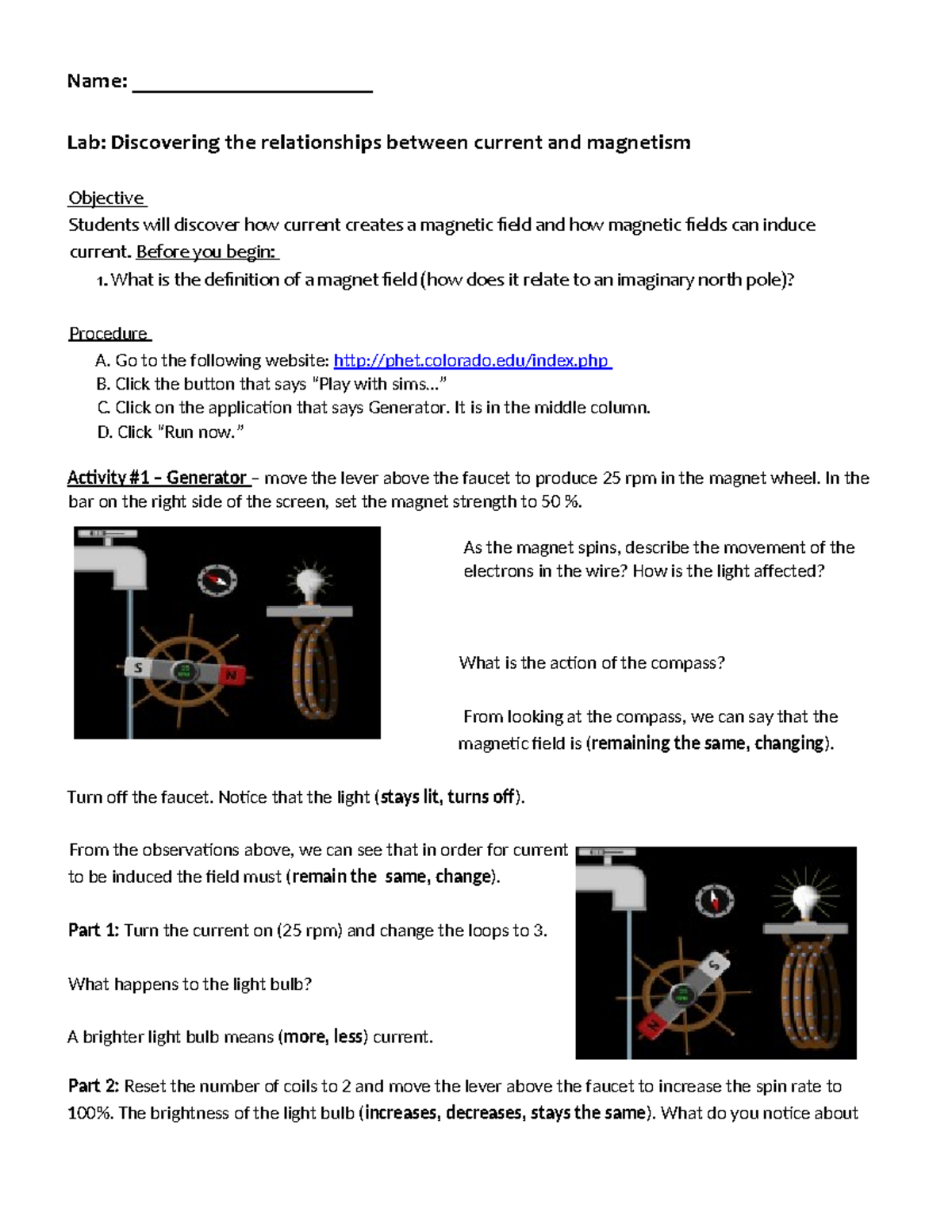 Farady's Law Phet Lab - Name: ______________________ Lab: Discovering ...