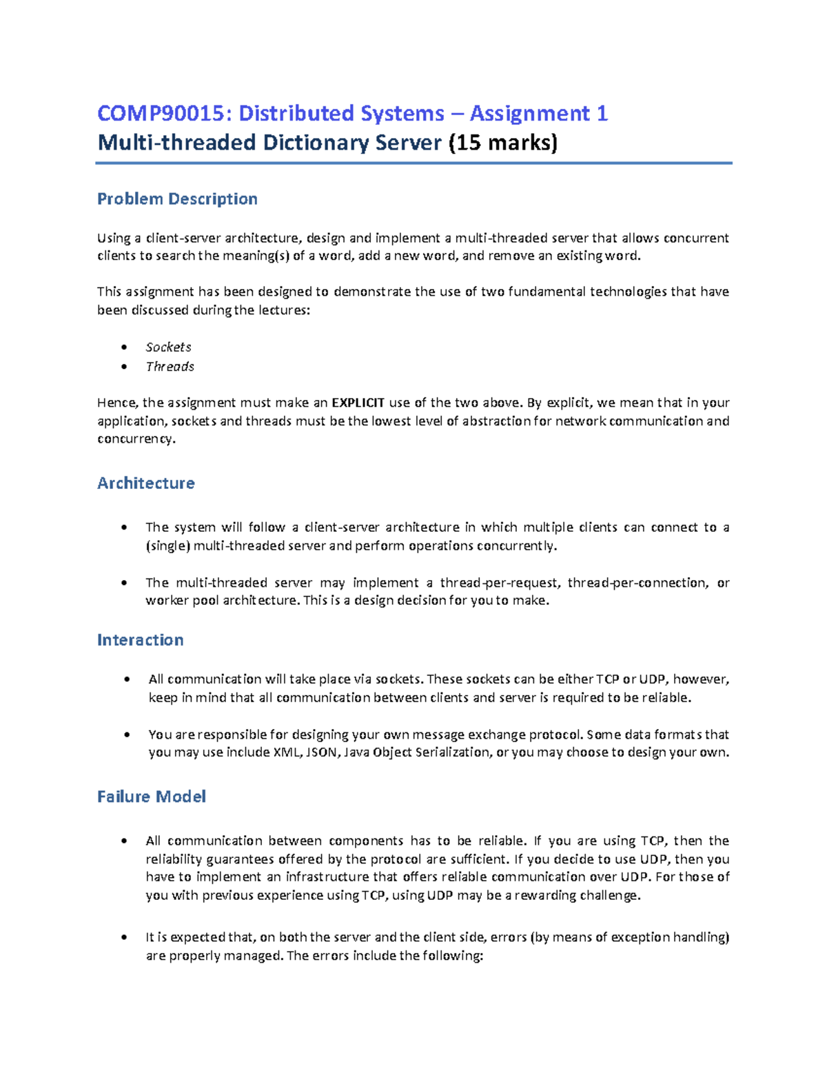 COMP90015: Multi-threaded Dictionary Server Assignment 1 Guide - Studocu