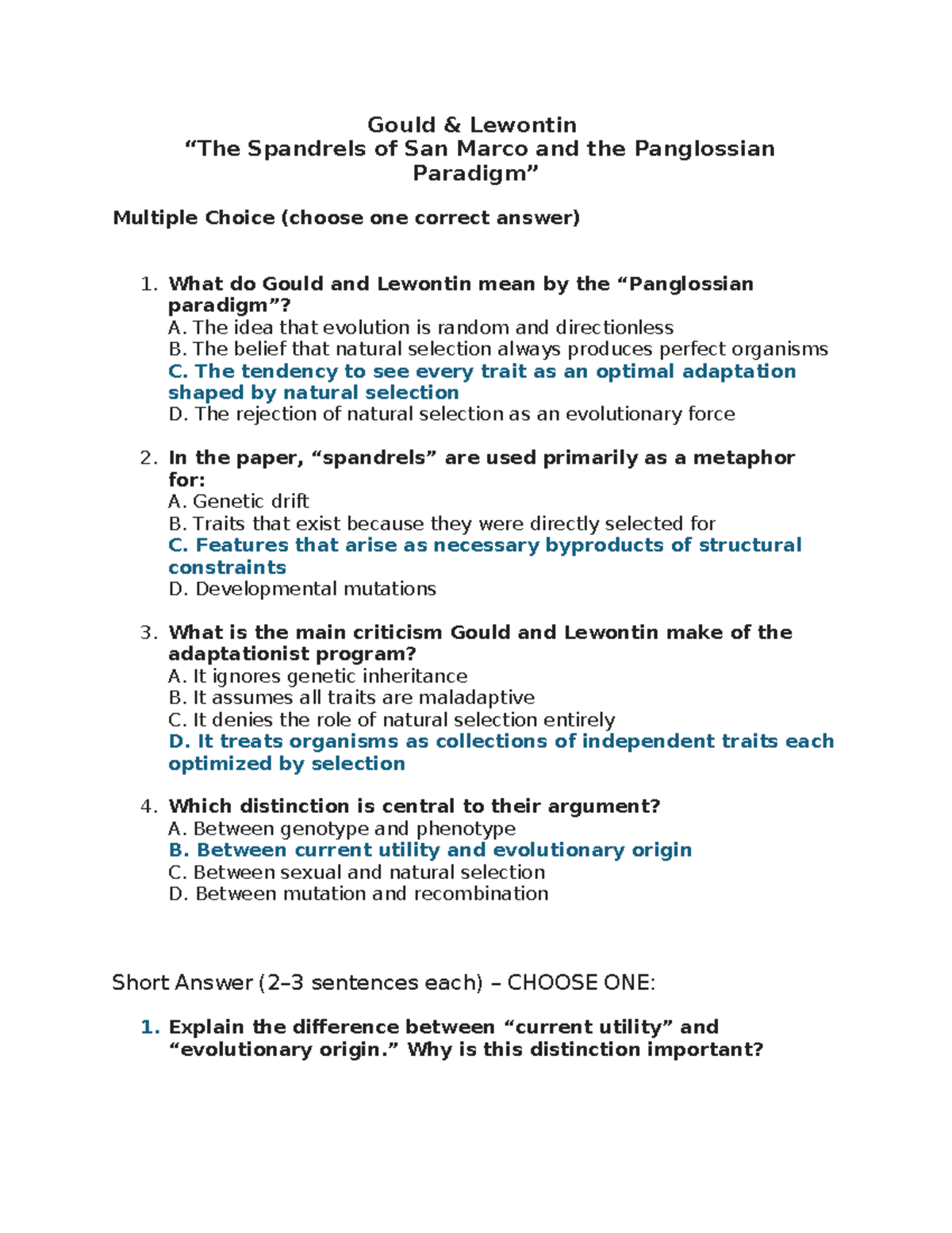 Gould & Lewontin: Spandrels & Panglossian Quiz JFA - III - Studocu