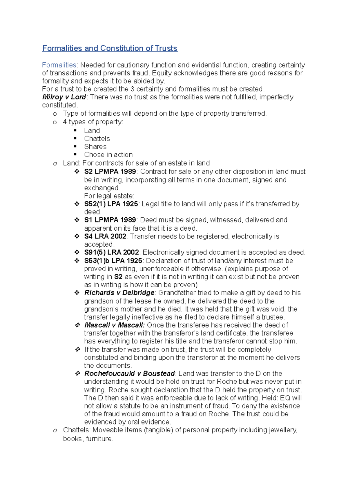 Trusts Law Formalities & Constitution Notes (including Milroy v Lord ...