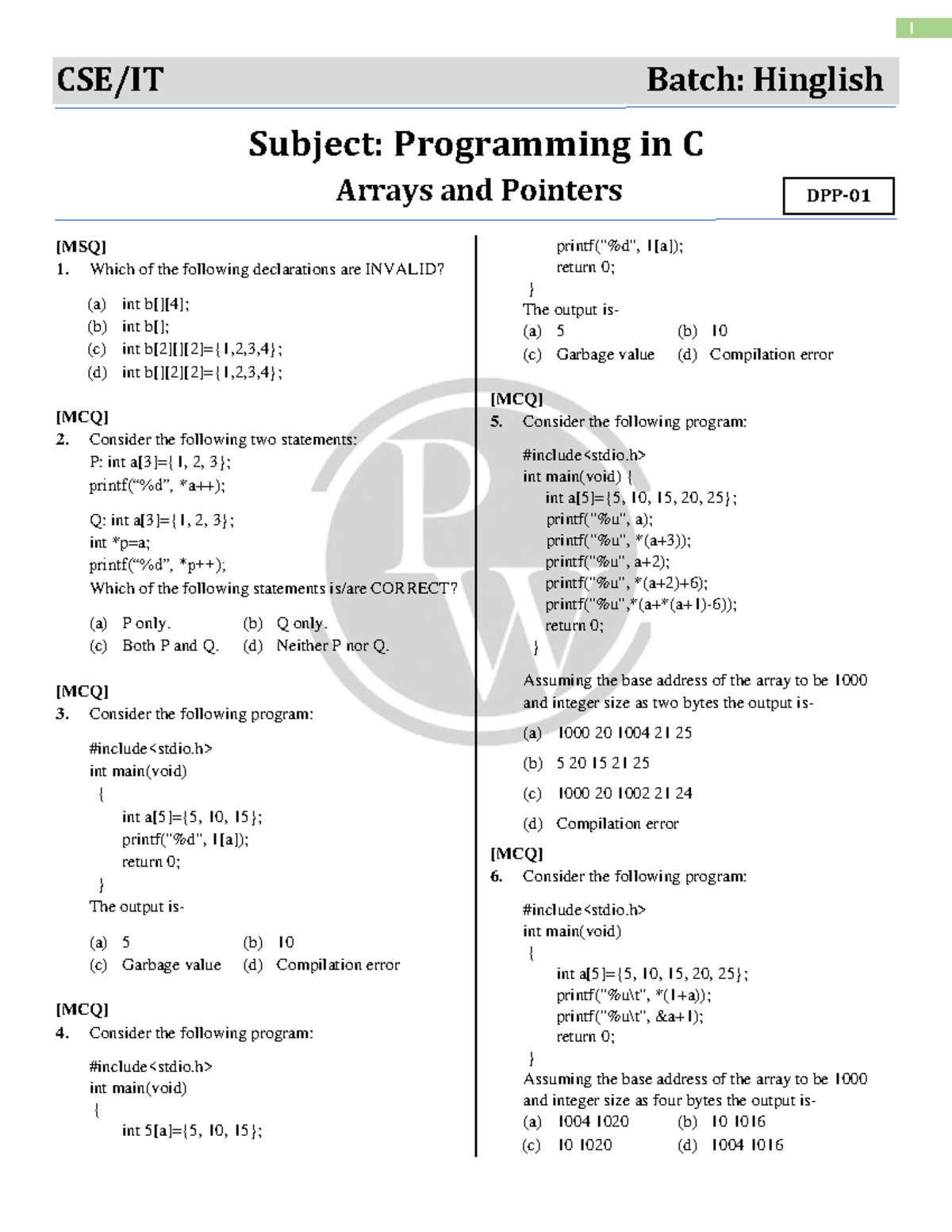 1 Batch: Hinglish Programming in C - Arrays & Pointers DPP - Studocu